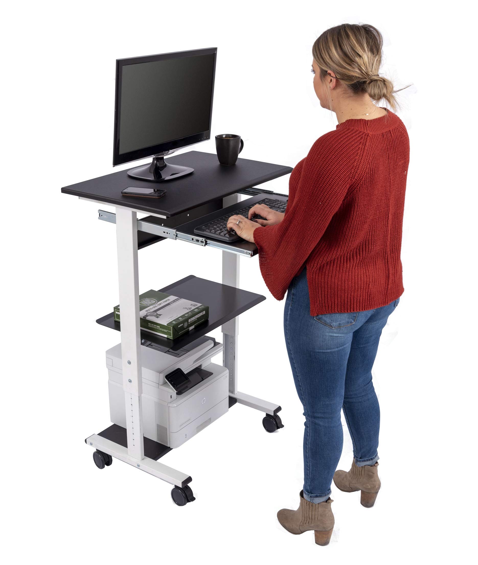 Adjustable Height Standing Desk with Wheels - Mobile Rolling Sit Stand Workstation with Printer Shelf & Slideout Keyboard Tray (White Frame/Black Top, 30