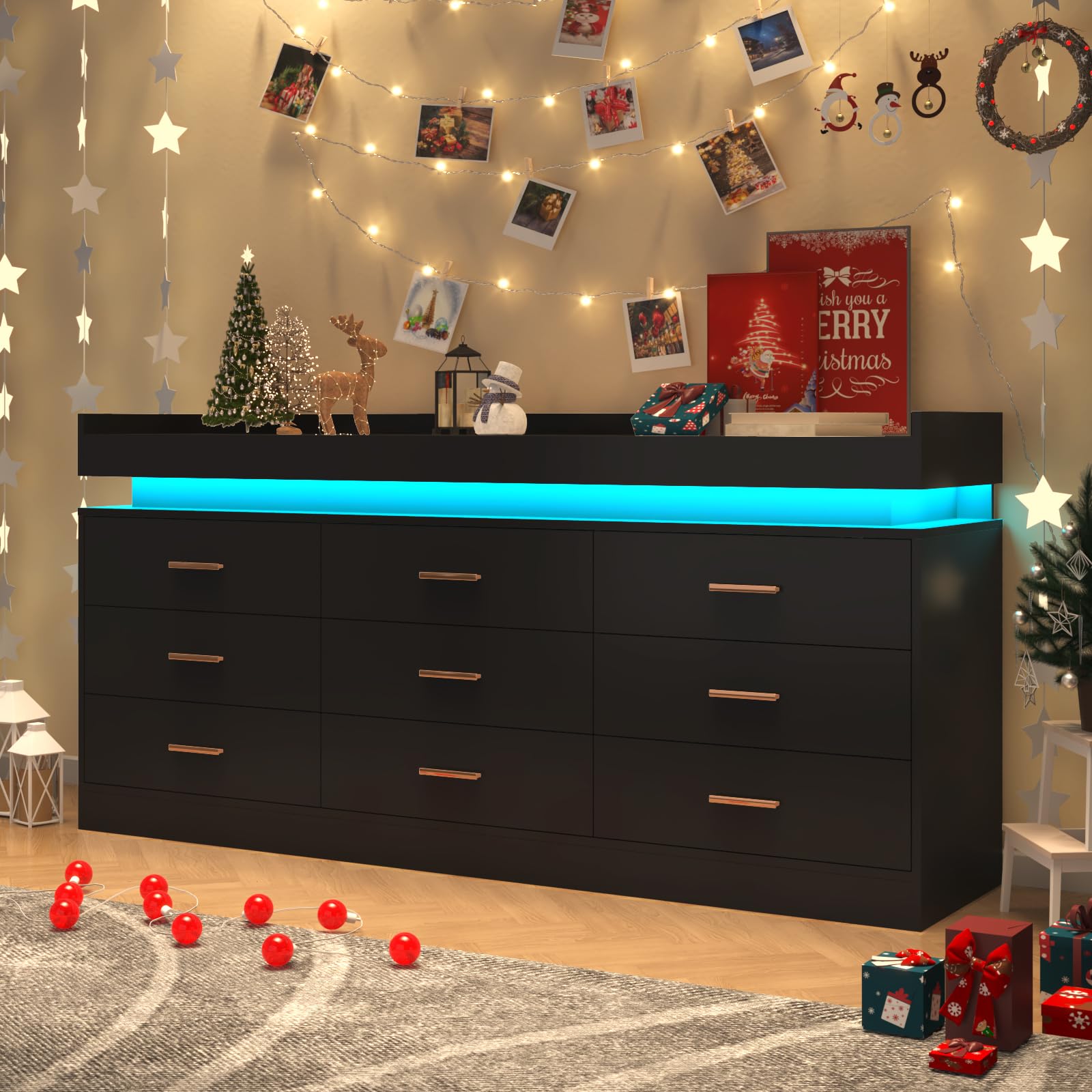 9-Drawer LED Dresser with USB Charging Station - Modern Black Chest of Drawers for Bedroom, Closet & Entryway - Spacious Storage Cabinet with Wide Drawers for Clothes, Accessories & Home Organization - Perfect for Small Spaces, Apartments & Dorm Rooms