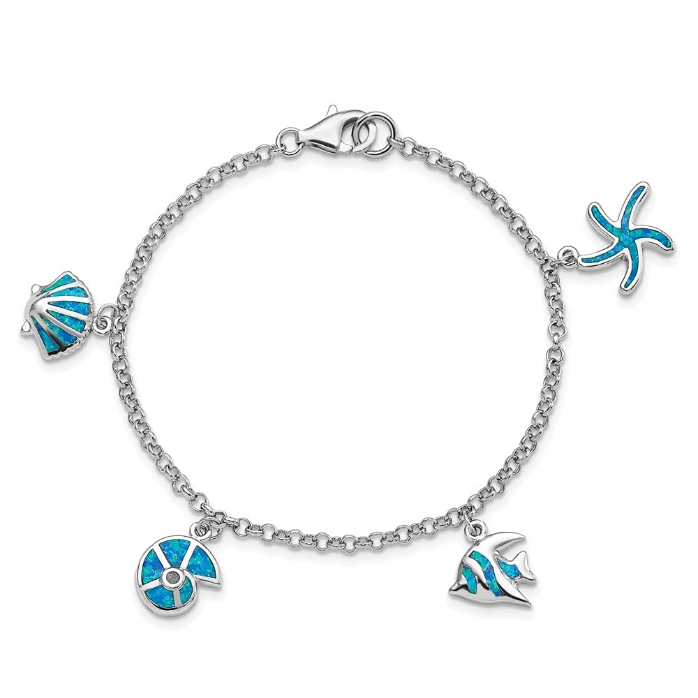 925 Sterling Silver Blue Opal Fish & Shell Charm Pendant Bracelet for Women - Elegant Fine Jewelry Gift for Her (7.25