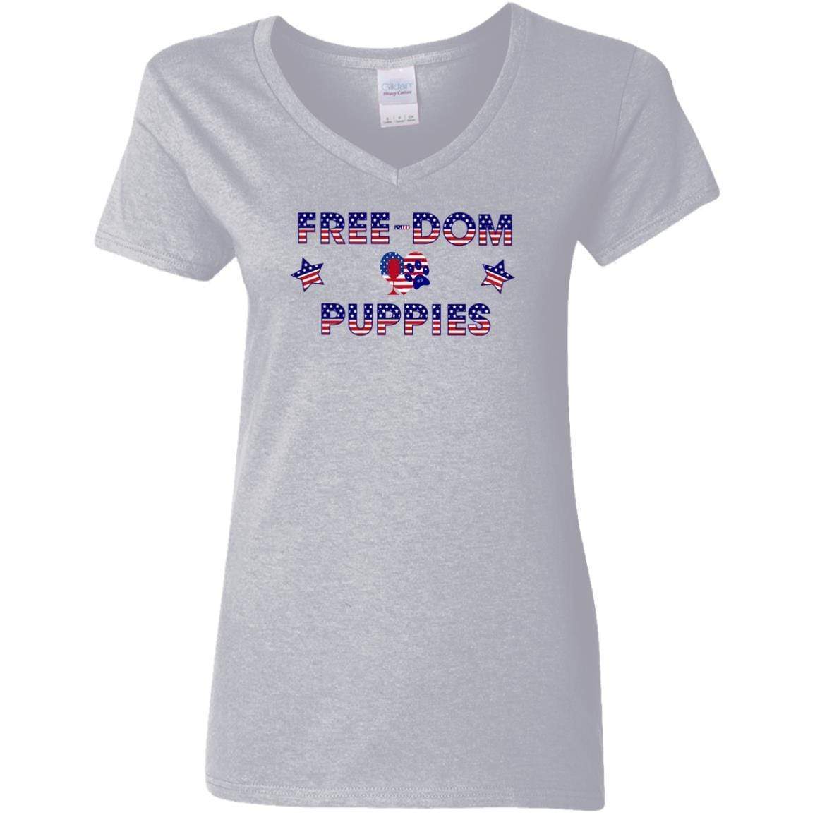 WineyBitches.Co Free Dom Puppies Women's 5.3 oz V-Neck T-Shirt - Soft Cotton Tee for Casual Wear, Girls Night Out & Dog Lovers