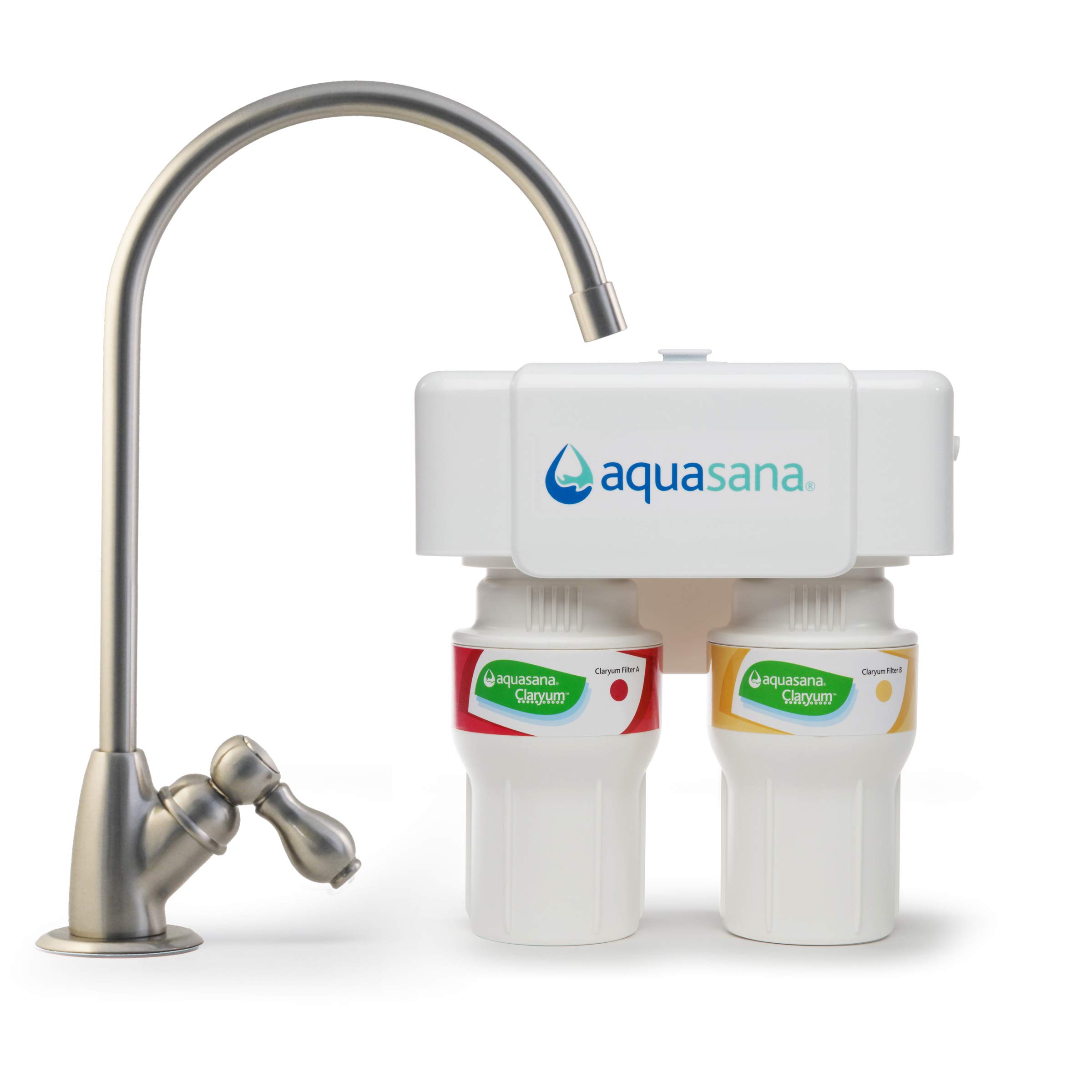 Aquasana AQ-5200.55 Under Sink Water Filter System - 2-Stage Claryum Filtration Technology - Removes 99% of Chlorine & Contaminants - Brushed Nickel Faucet - Perfect for Clean Drinking Water in Kitchens & Offices
