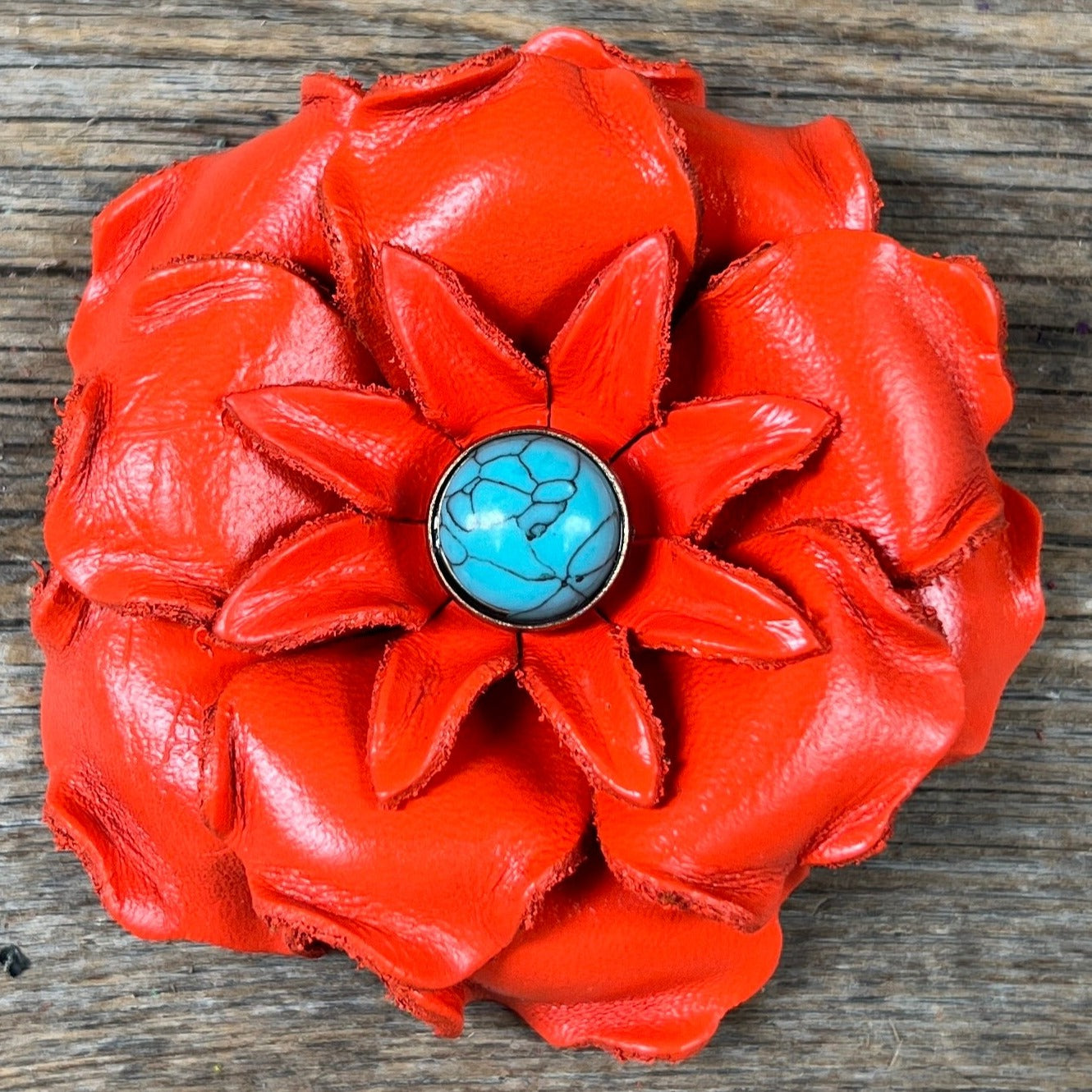 Neon Orange Gardenia Flower Pendant with Round Turquoise Cabochon - Handmade Boho Jewelry for Women, Perfect for Festivals, Weddings & Everyday Wear