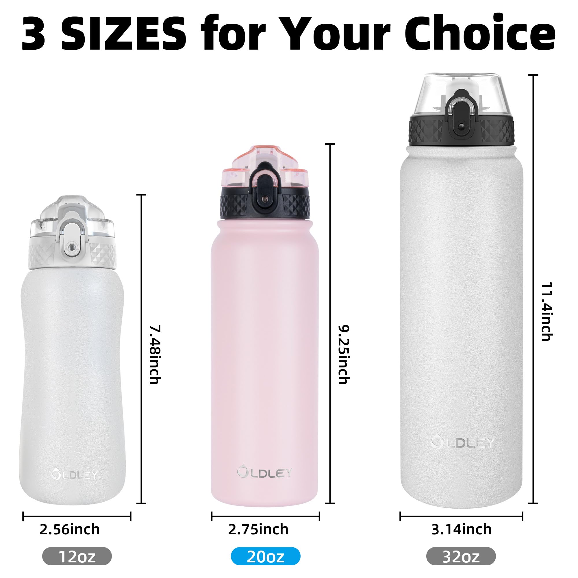 Oldley 20oz Insulated Stainless Steel Water Bottle with Straw & 3 Lids - Double Wall Vacuum Thermos for Hot & Cold Drinks - Perfect for School, Travel, Gym, Hiking & Outdoor Activities - Pink