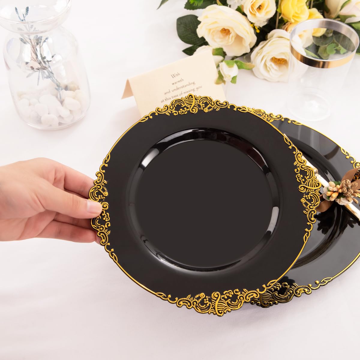 Hioasis 350-Piece Black and Gold Plastic Dinnerware Set - 50 10.25