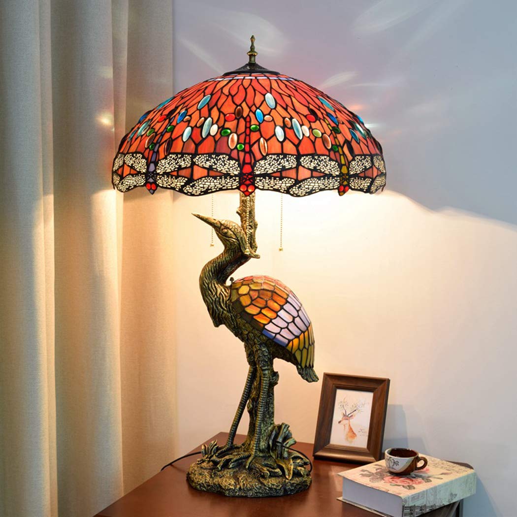 Tiffany Style Red Dragonfly Table Lamp - 20 Inch Crystal Beads Stained Glass Desk Lamp with Bird & Crane Design for Living Room, Bedroom, Office | Perfect for Home Decor, Reading Light & Nightstand Lighting