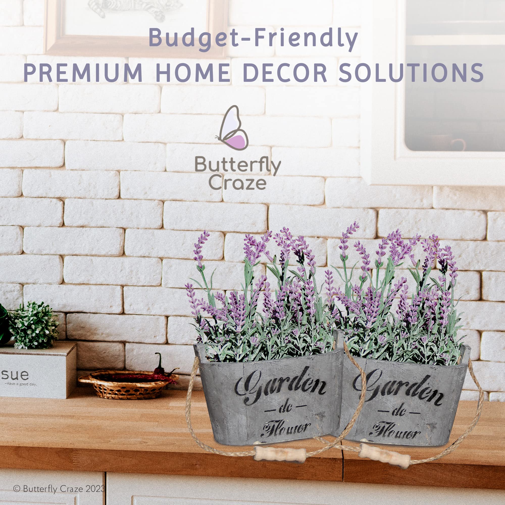 Lifelike Artificial Lavender Plants in Rustic Wooden Planters - Set of 2 Faux Silk Purple Flowers for Home, Office & Patio Decor - Perfect for Wedding Centerpieces, Farmhouse Style Decor & Gift Giving