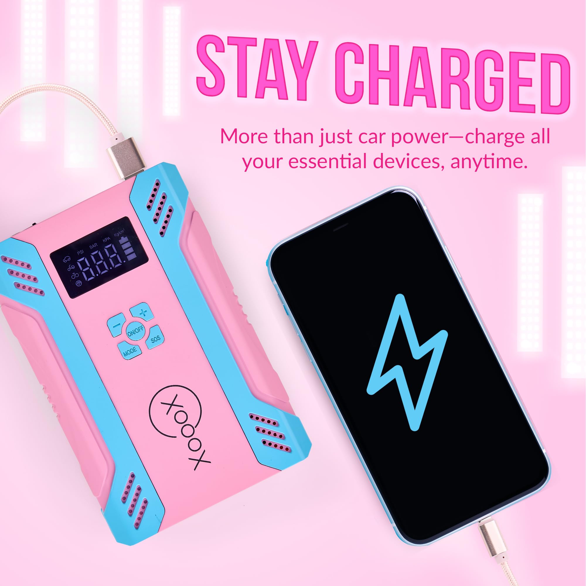 XoooX A17 Portable Car Battery Jump Starter Kit with Built-in Tire Pump - 2000A Peak 12V Jump Starter for Cars, Trucks & SUVs - USB/USB-C Charger for Phones & Devices - Includes Jumper Cables, LED Light & Hard Case - Perfect for Road Trips, Emergencies & Outdoor Adventures
