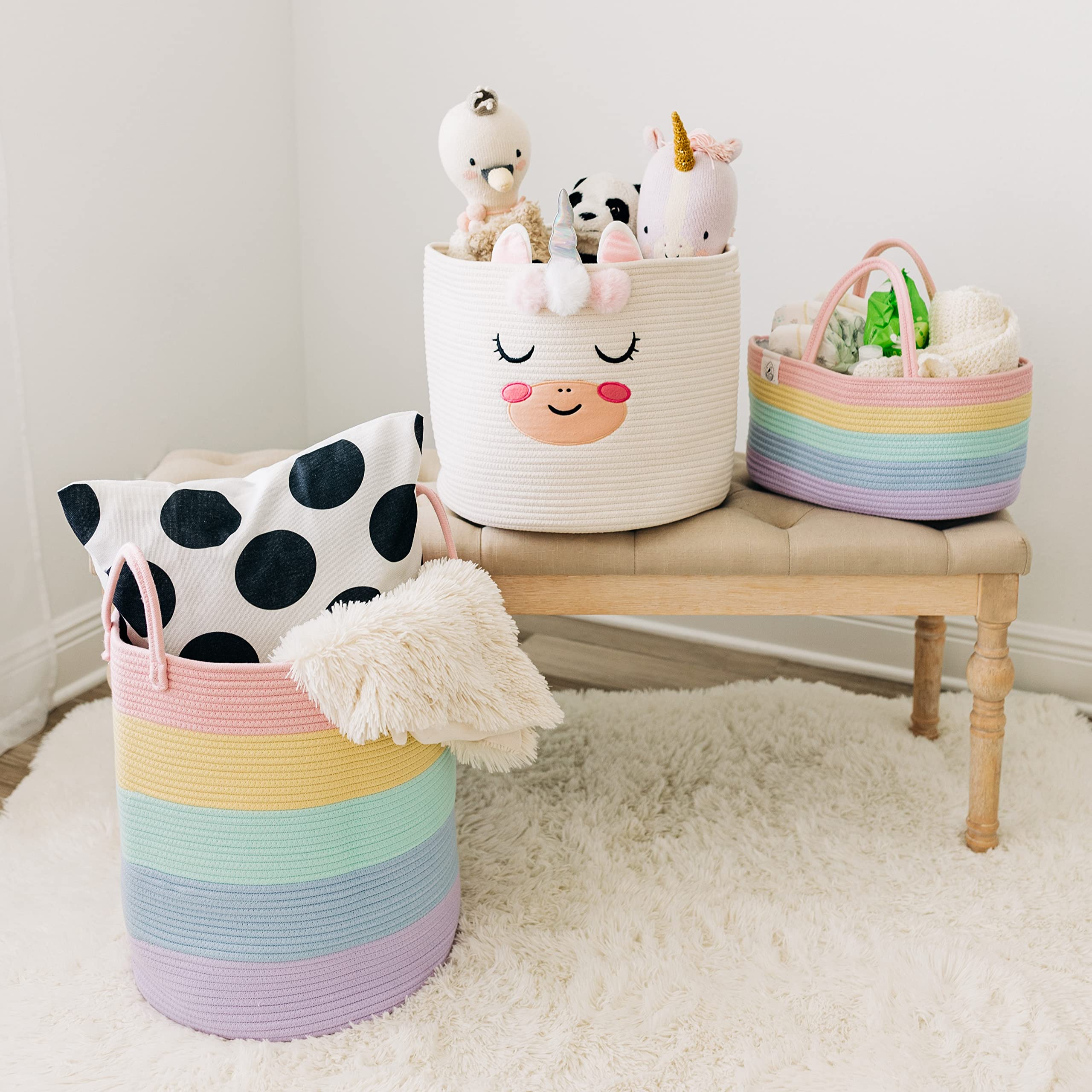 Pastel Rainbow Rope Diaper Caddy Basket - Baby Nursery Organizer with Storage for Newborn Essentials | Perfect for Diaper Changing Station, Baby Shower Gift & Rainbow-Themed Nursery Decor