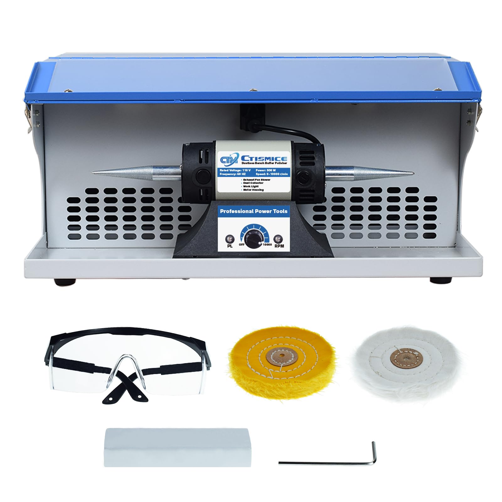 **500W Jewelry Bench Polisher - Adjustable Speed Buffing & Polishing Machine with Exhaust Fan, Dust Collector & Work Light - Perfect for Jewelry Making, Metal Polishing & Woodworking**    *(Ideal for DIY Crafts, Professional Jewelers & Metalworkers - Enhance Shine & Finish on Rings, Bracelets, Knives & Wooden Art!)*