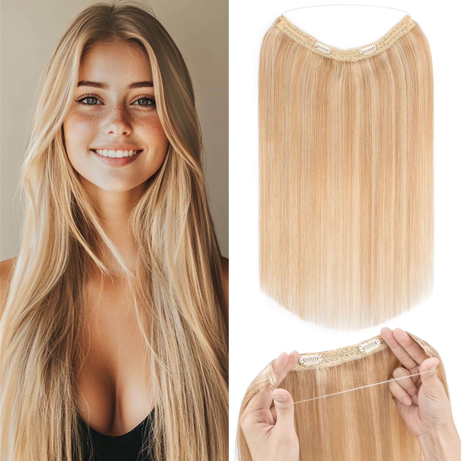 Rich Choices 100% Real Human Hair Halo Extensions - 22 Inch Invisible Wire Remy Hair Extensions for Women (Ash Blonde Highlight Bleach Blonde) | Perfect for Weddings, Parties & Daily Styling