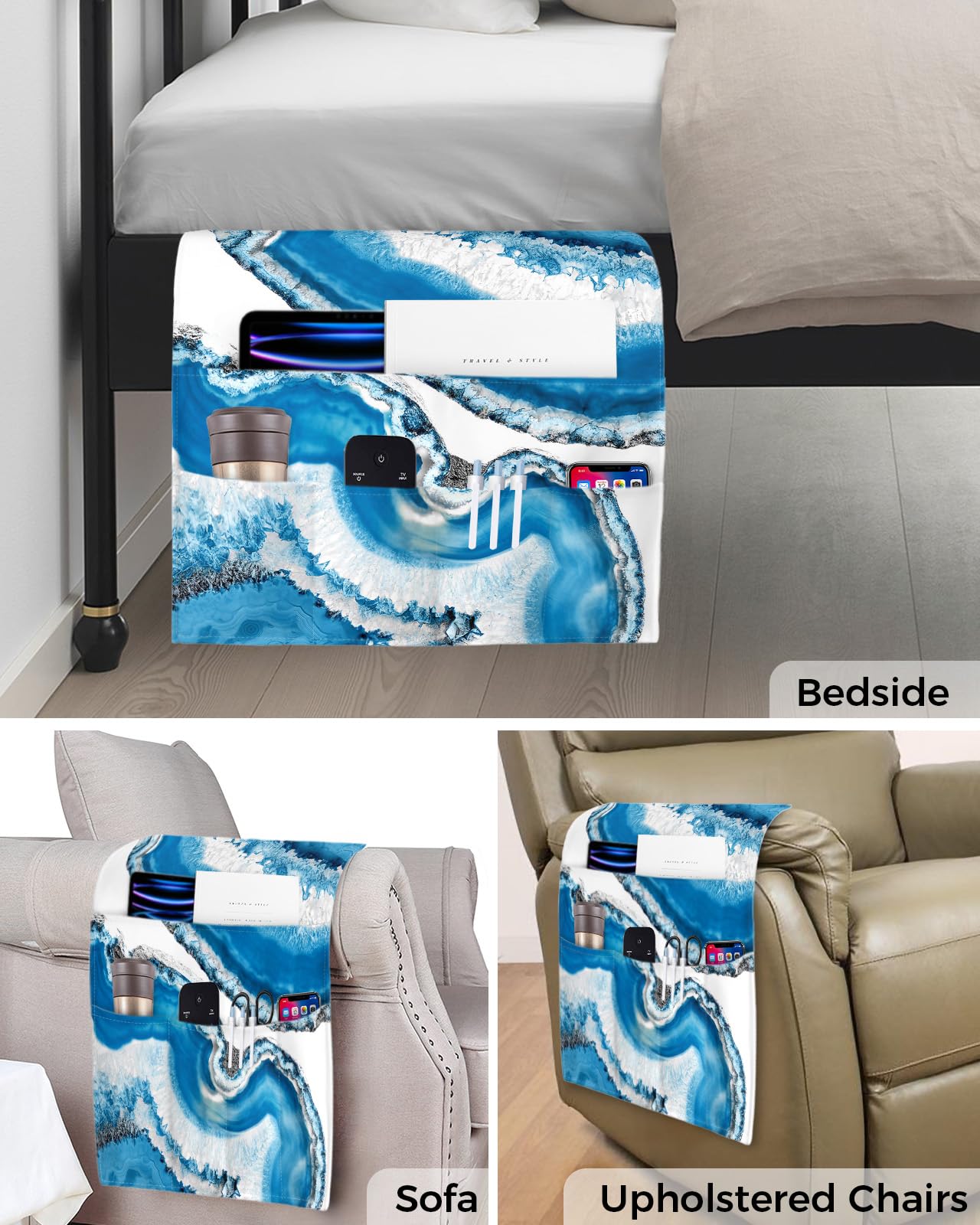 Blue Agate Remote Control Holder - Modern White Marble Geometric Couch Caddy with 5 Pockets for Phone, Cup & Magazine (19.7