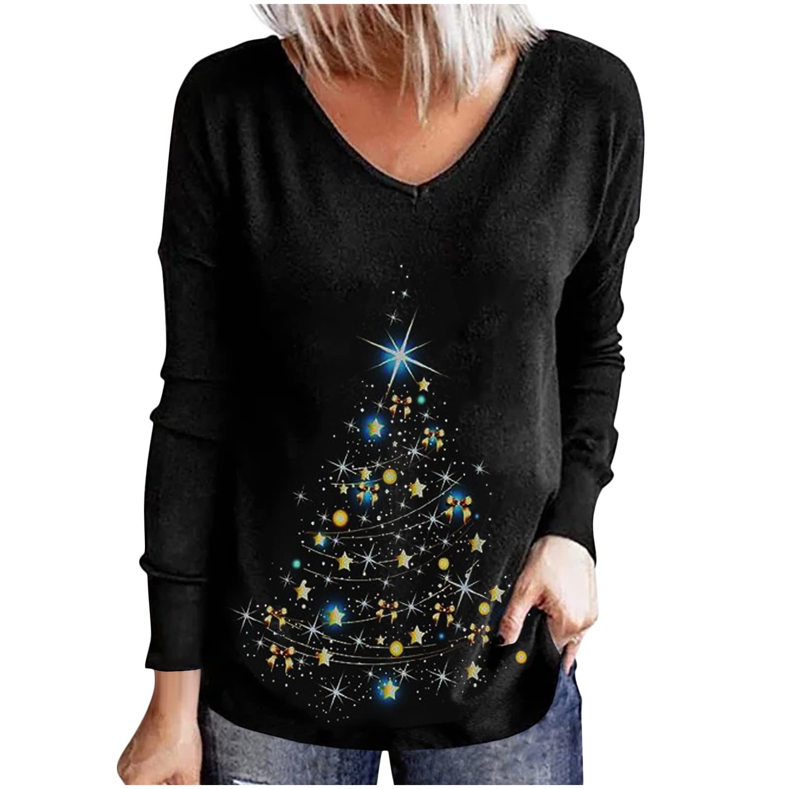 Bidobibo Women's Sequin Christmas V-Neck Long Sleeve T-Shirt - Festive Holiday Xmas Tree Blouse, Casual Loose Pullover Top for Parties, Family Gatherings & Christmas Celebrations