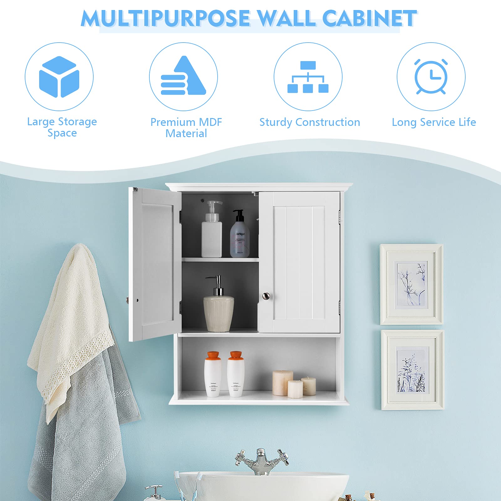 Tangkula Wall Mounted Bathroom Storage Cabinet - Wooden Hanging Medicine Cabinet with Doors & Shelves for Bathroom, Kitchen, Living Room Organization | Perfect for Small Spaces, Apartment Storage & Home Decor