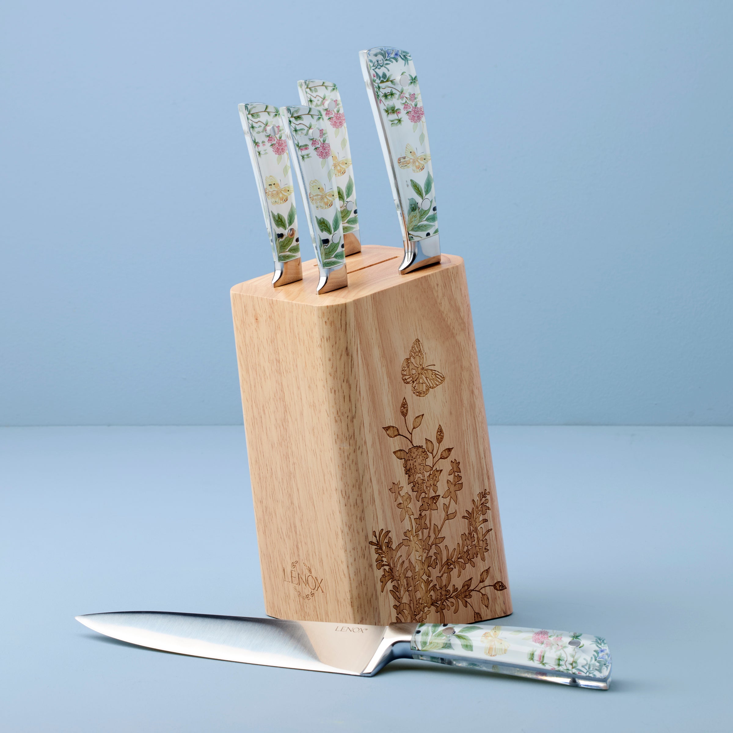 Butterfly Meadow Herbs 6-Piece Cutlery Block Set - Premium Wooden Knife Holder with Stainless Steel Knives - Perfect for Kitchen Storage & Countertop Organization