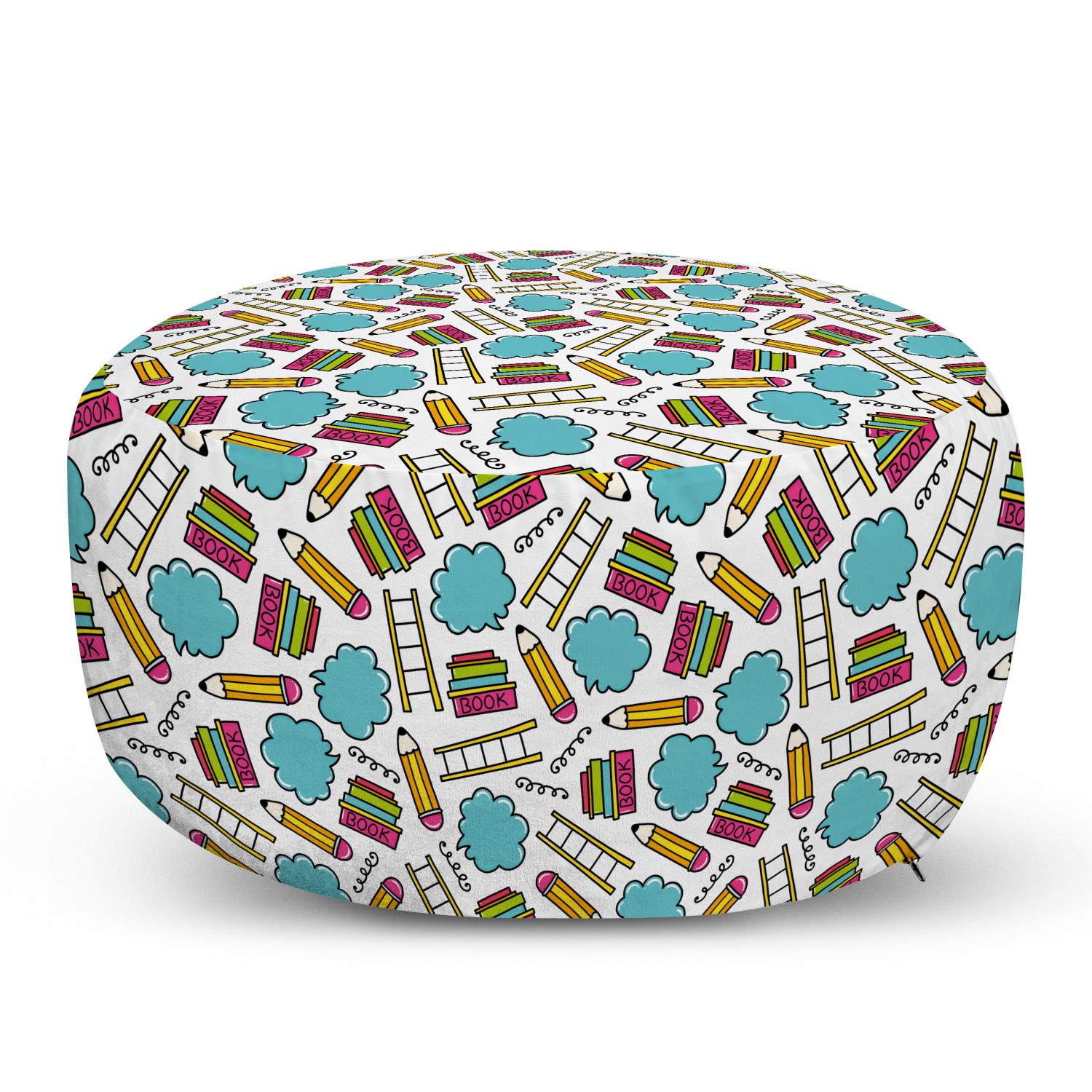 Ambesonne Cartoon Ottoman Pouf with Colorful Books & Pencils Design - Blue Clouds Pattern Soft Foot Rest with Removable Cover - Perfect for Living Room, Bedroom & Reading Nook - Multicolor Home Decor Accent