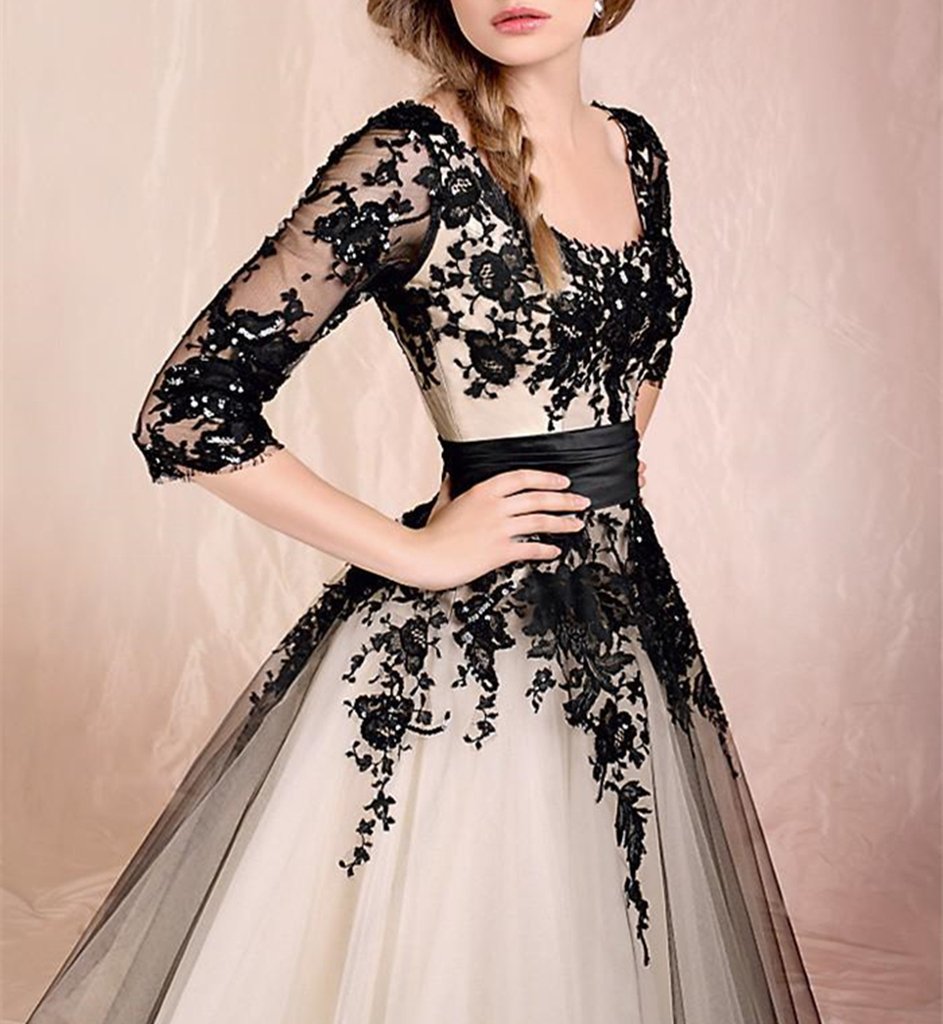 Emanni Women's Black A-Line Formal Evening Dress with Applique Details - Elegant Wedding Gown & Ball Dress for Prom, Bridal Party & Special Occasions