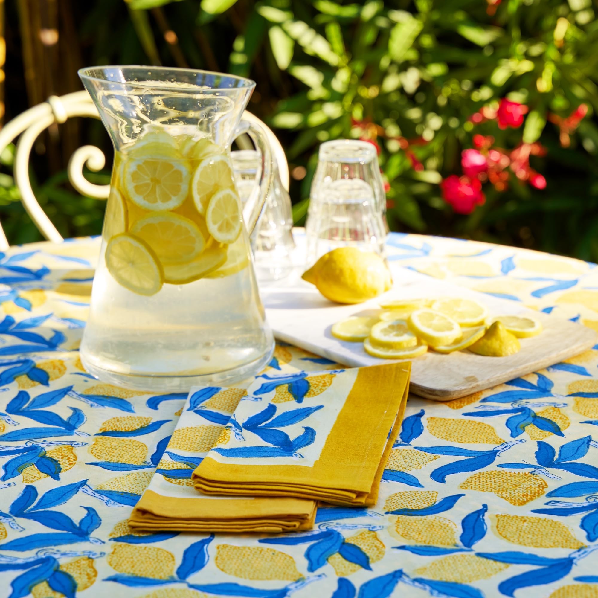 Elegant Large Round Tablecloth 90 Inches - Yellow & Blue Lemon Tree Design for Dining, Parties & Outdoor Events | Couleur Nature