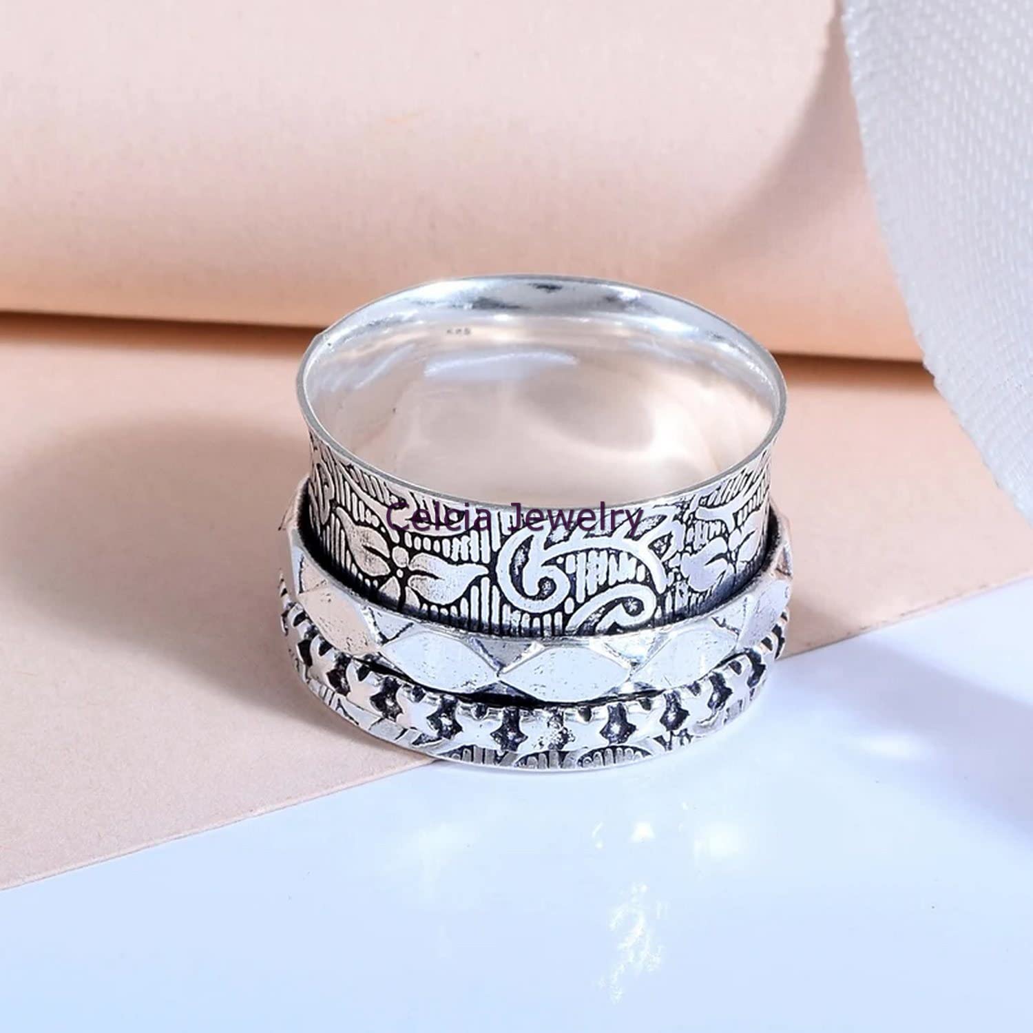 Handmade Sterling Silver Spinner Ring - 925 College Promise Band, Unique Designer Jewelry for Women & Men, Free-Style Spinning Fashion Ring (Size 7) - Perfect for Stress Relief, Fidgeting, and Stylish Everyday Wear