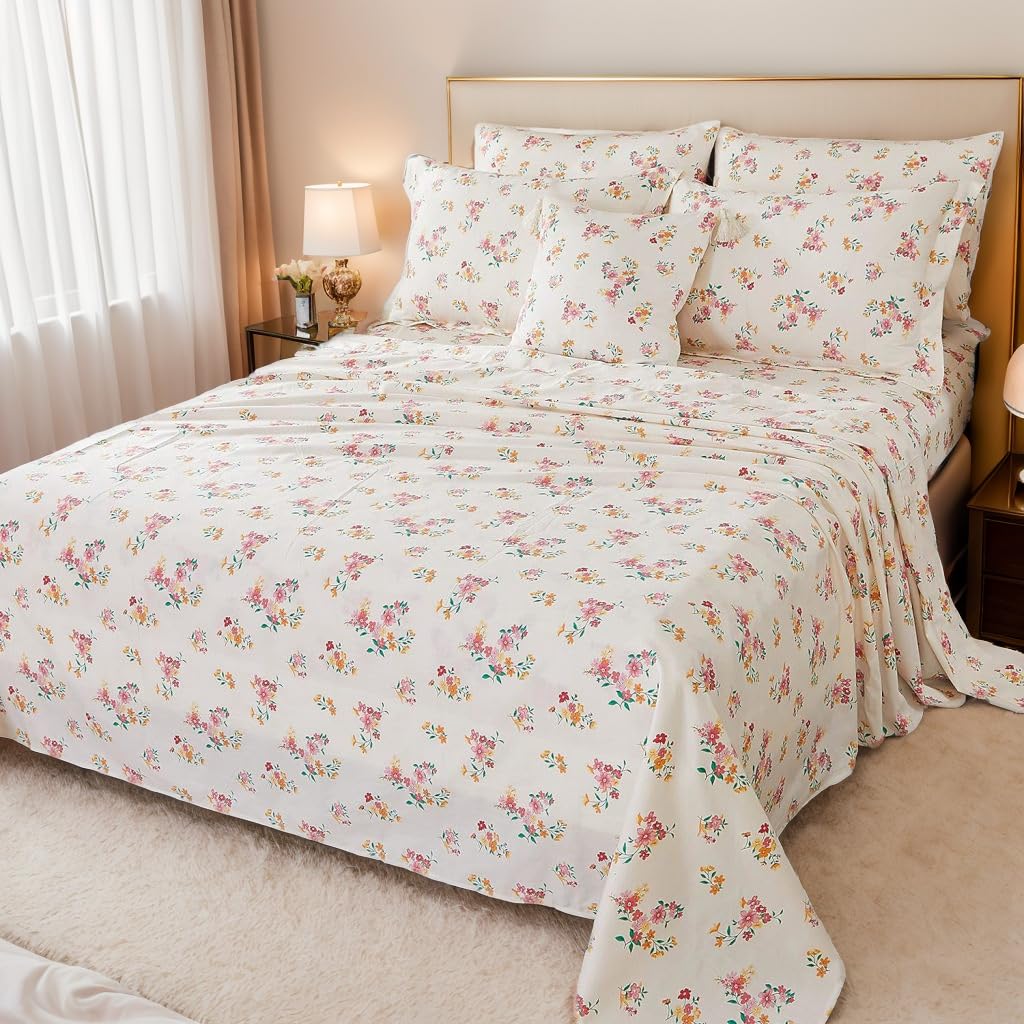 French Country Floral King Sheet Set - 100% Cotton Extra Soft Botanical Bedding, 5-Piece Pink & White Floral Design - Perfect for Farmhouse, Cottage & Vintage Style Bedrooms