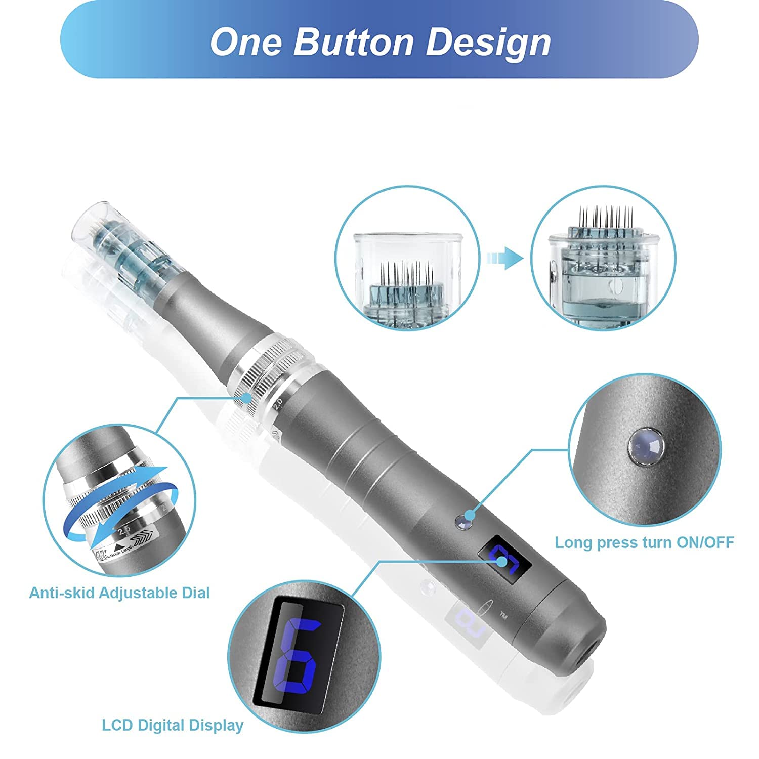 Authentic Microneedling Pen for Face & Body - Wireless Skin Care Tool with 8 Replacement Needle Heads (16x2 + 24x2 + 36x2 + 42x2) - At-Home Derma Roller for Wrinkles, Acne Scars & Skin Rejuvenation