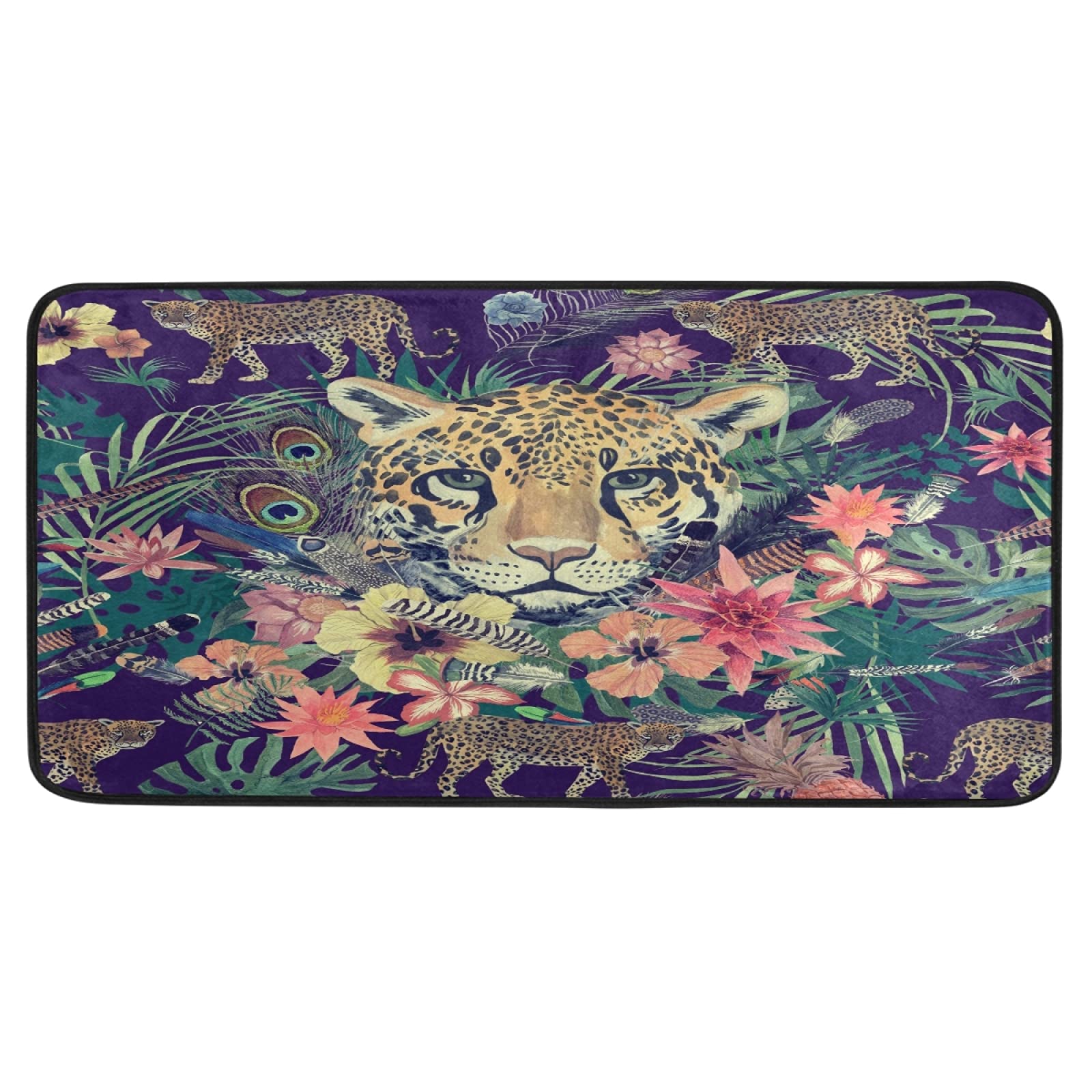 Non-Slip Washable Kitchen Rug - Floral Leaves & Leopard Print Anti-Fatigue Mat for Floor, Bath, Entryway - Soft Standing Carpet 39