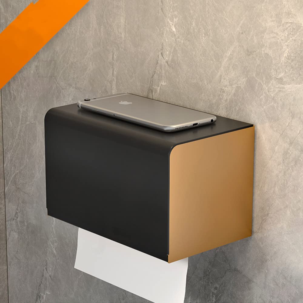 No-Drill Toilet Paper Holder with Phone Shelf - Wall Mount Bathroom Tissue Roll Dispenser - Black & Gold Finish - Space-Saving Bathroom Accessory - Perfect for Small Bathrooms, Apartments & RVs
