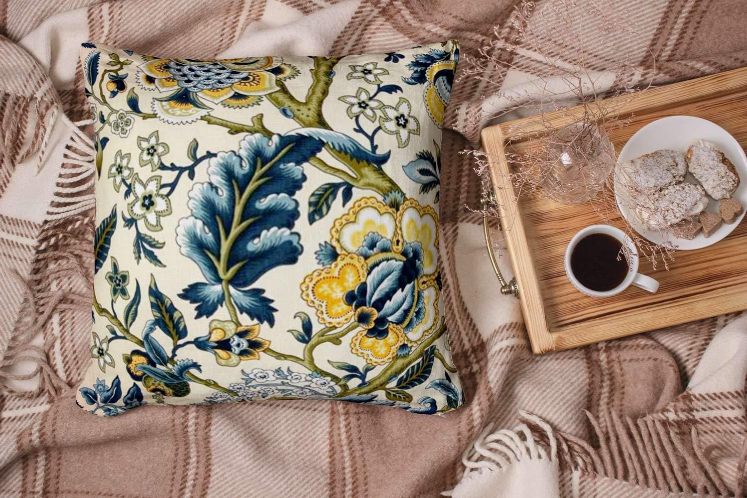 16x16 Inch Decorative Pillow Covers with Zipper - Floral Jacquard Print in Blue & Yellow Hues for Sofa, Bed & Home Decor | Perfect for Living Room, Bedroom & Seasonal Home Styling