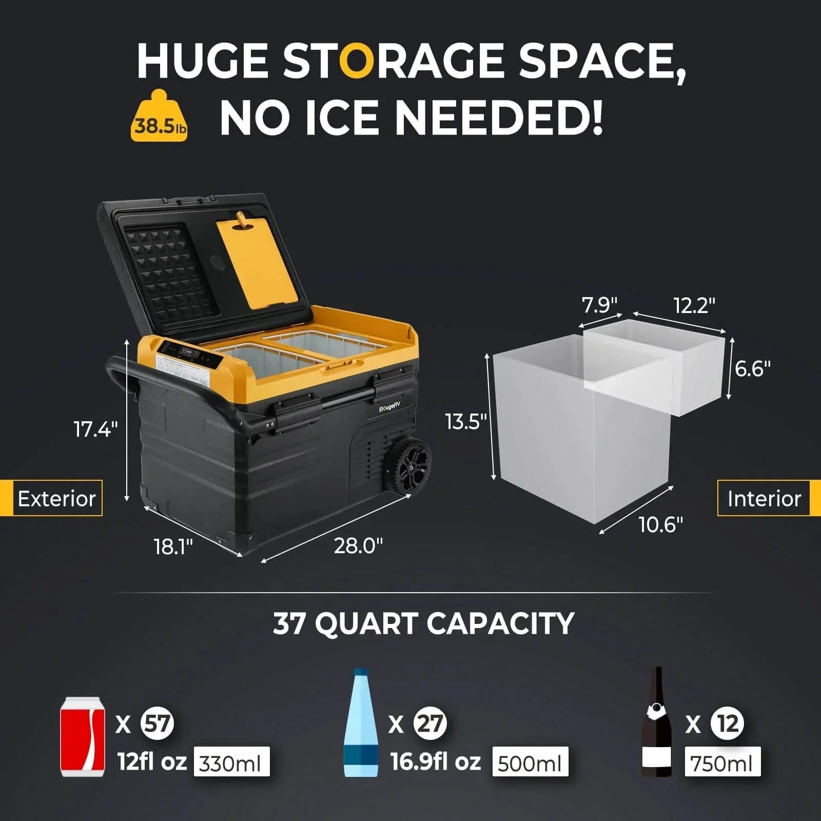 BougeRV CR55 59 Quart (55L) Portable Fridge Freezer - 12V/24V Car Refrigerator, Dual Zone Camping Cooler for Road Trips, RV, Outdoor Adventures & Home Use