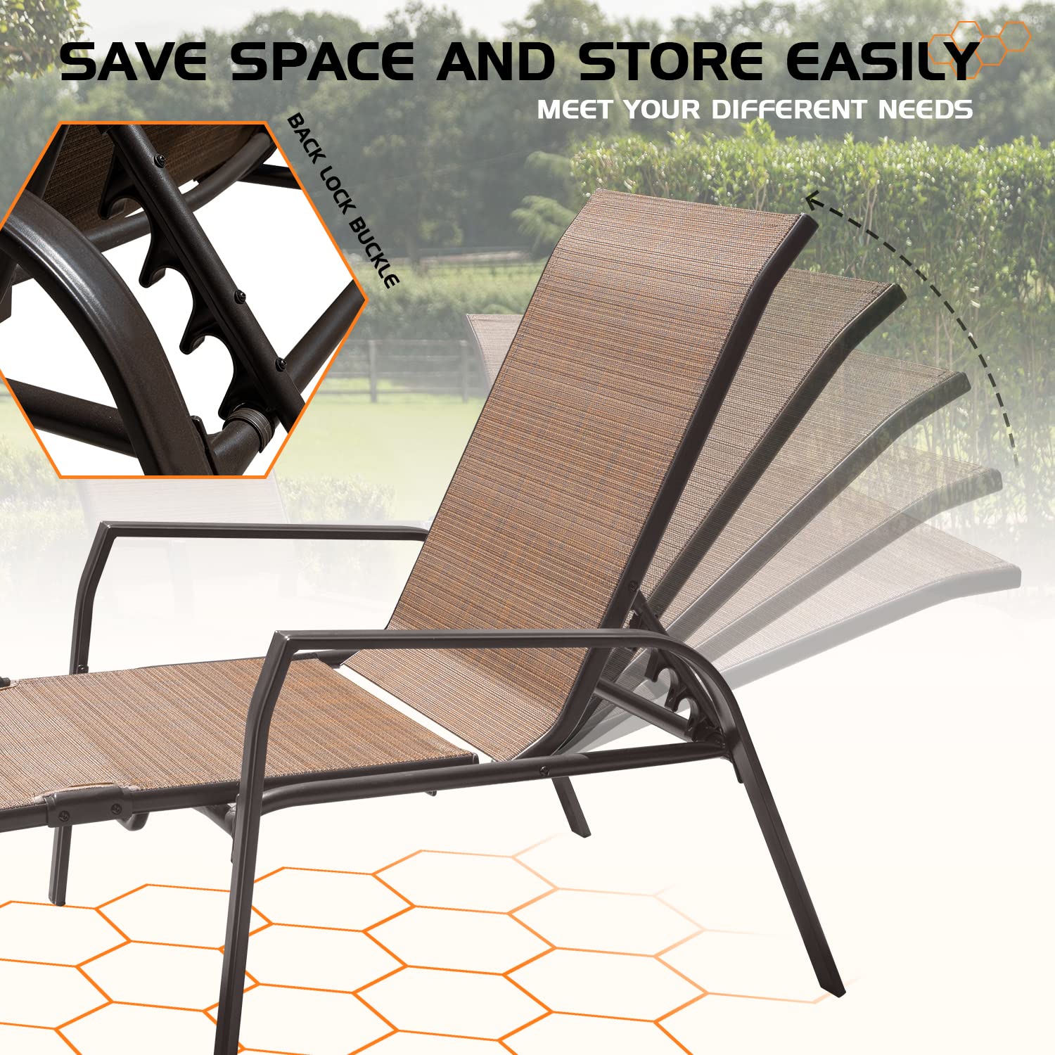 Flamaker 3-Piece Adjustable Patio Chaise Lounge Set with Textiline Cushions & Glass Top Bistro Table - Foldable Metal Reclining Chairs for Outdoor Relaxation - Perfect for Beach, Poolside, Backyard, Porch & Garden (Beige)