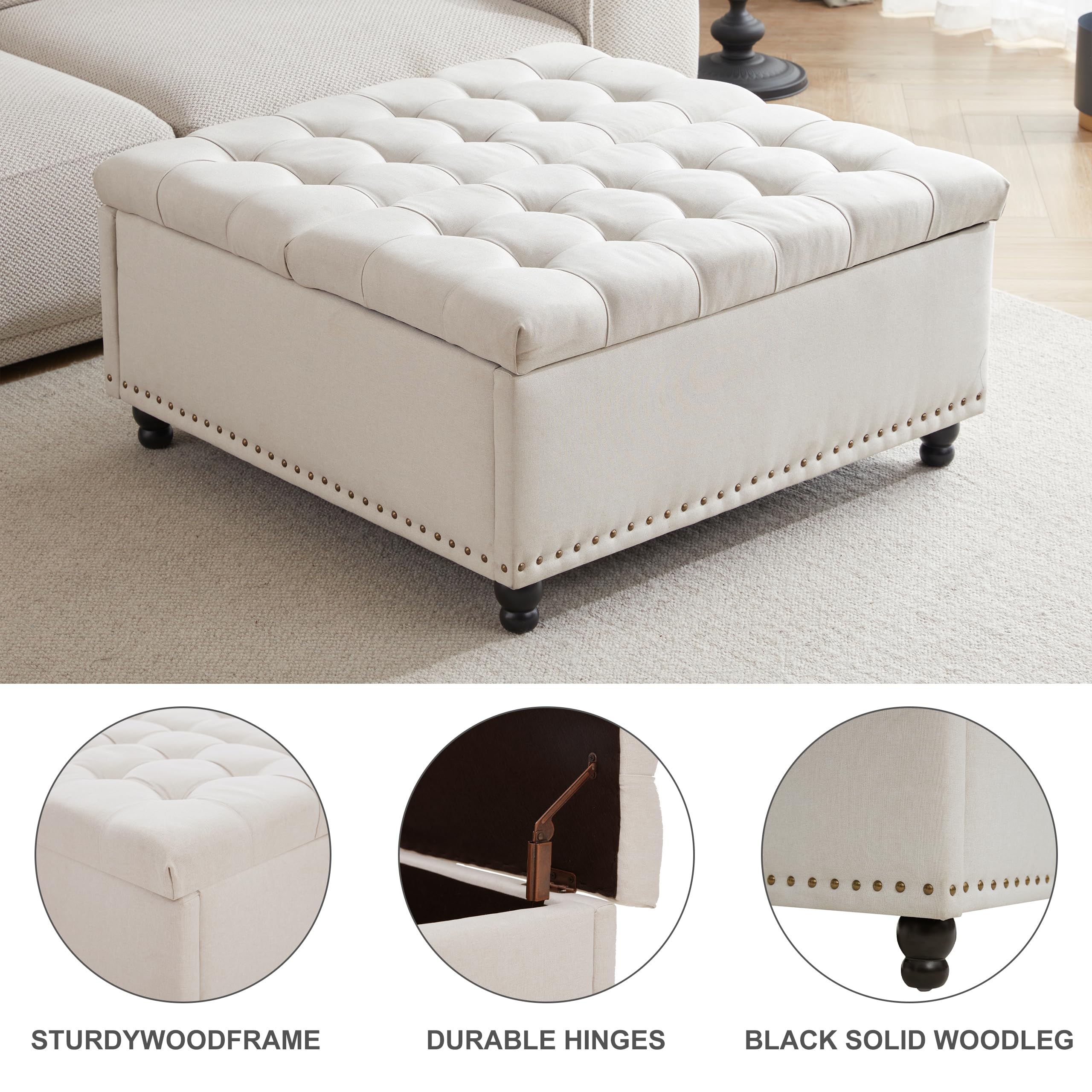 Tbfit Large Square Storage Ottoman Bench with Lift Top - Tufted Upholstered Coffee Table with Solid Wood Legs, Oversized Toy Storage Box for Living Room, Bedroom & Nursery (Beige) - Perfect for Home Organization, Extra Seating and Hidden Storage