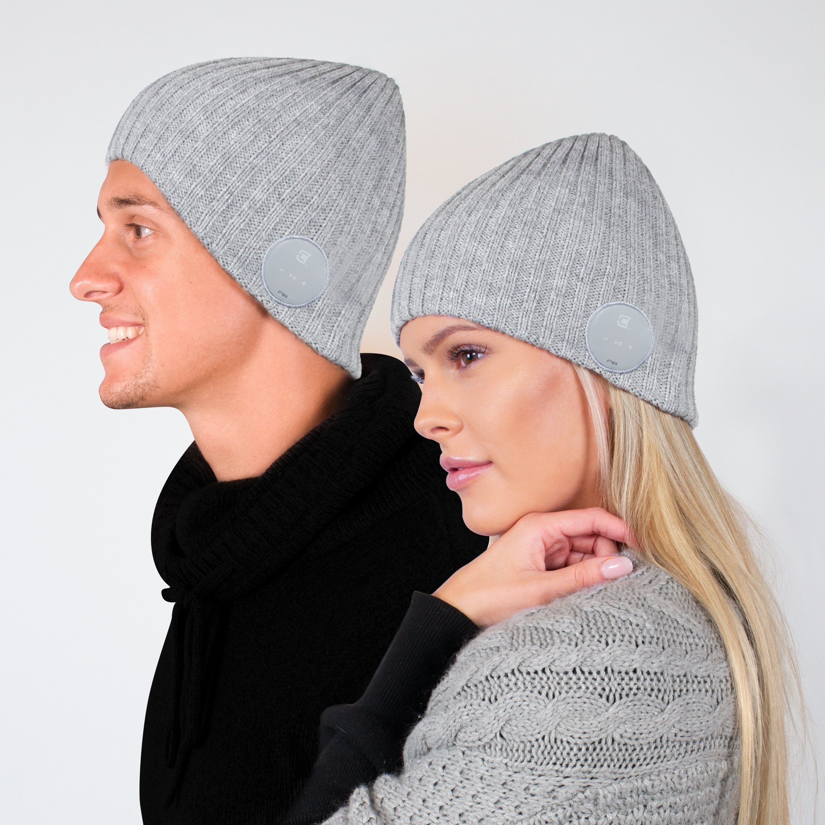 Bluetooth Beanie Hat for Men & Women - Wireless Headphone Winter Knit Cap with Wide Ribbed Design in Ash Grey - Perfect for Skiing, Running & Outdoor Activities