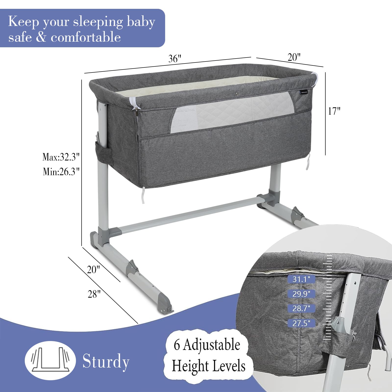 3 in 1 Baby Bassinet Bedside Sleeper - Adjustable 6-Position Crib with Comfort Mattress & Wheels | Portable Folding Bassinet for Newborns | Perfect for Nursery, Bedroom & Travel Use