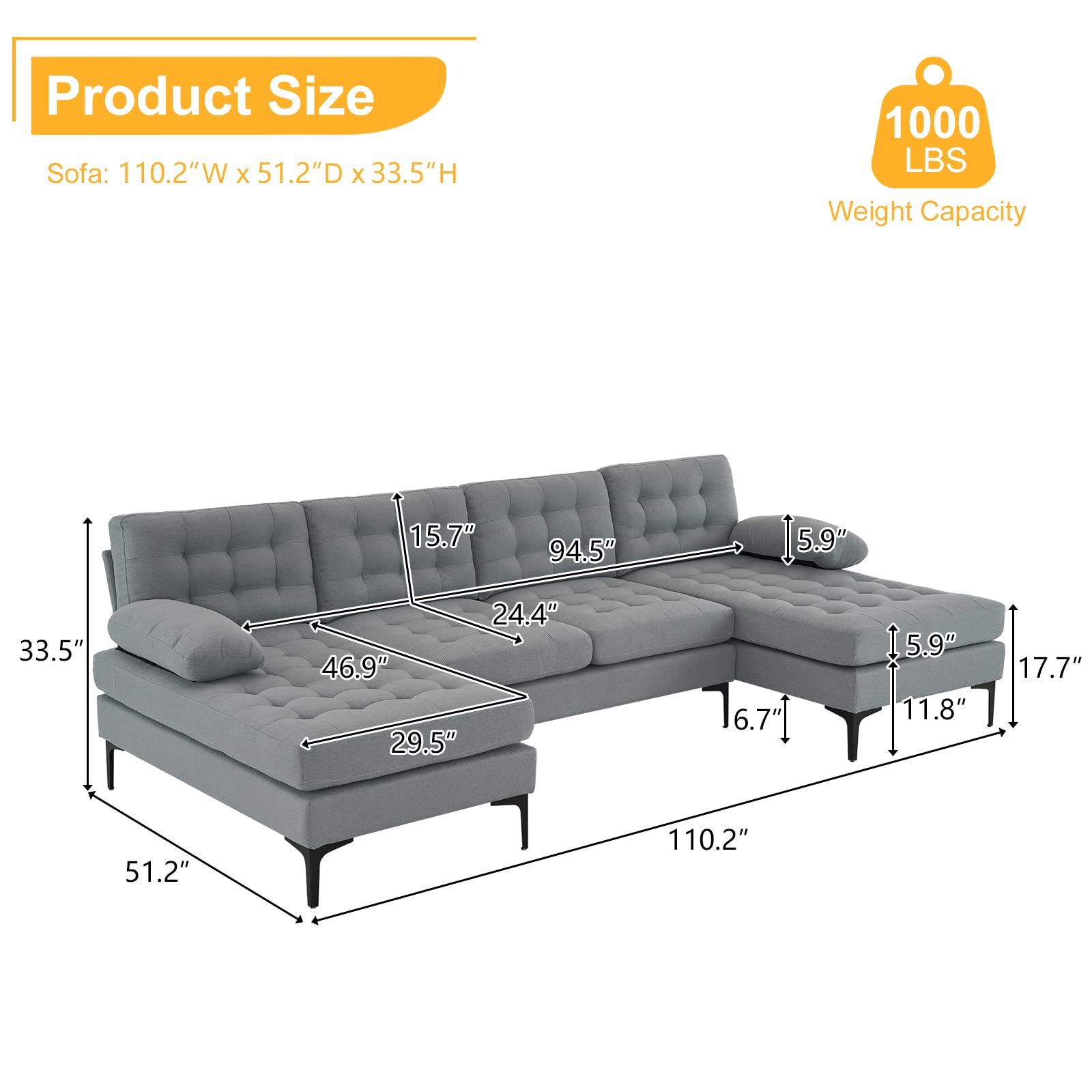Pvillez Modern U-Shape Sectional Sofa with Double Chaise Lounge - Oversized Convertible Couch with Rolled Arms & Golden Legs for Living Room, Office | Perfect for Family Gatherings, Movie Nights & Home Entertainment