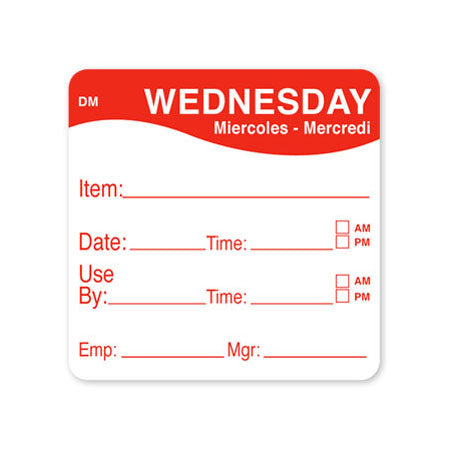 DayMark 1100533 Wednesday Dissolve Labels - 2 x 2 Inches, Roll of 250 Self-Adhesive Food Safety Tags | Perfect for Restaurant Kitchen, Daycare Meal Prep & Commercial Food Storage Organization