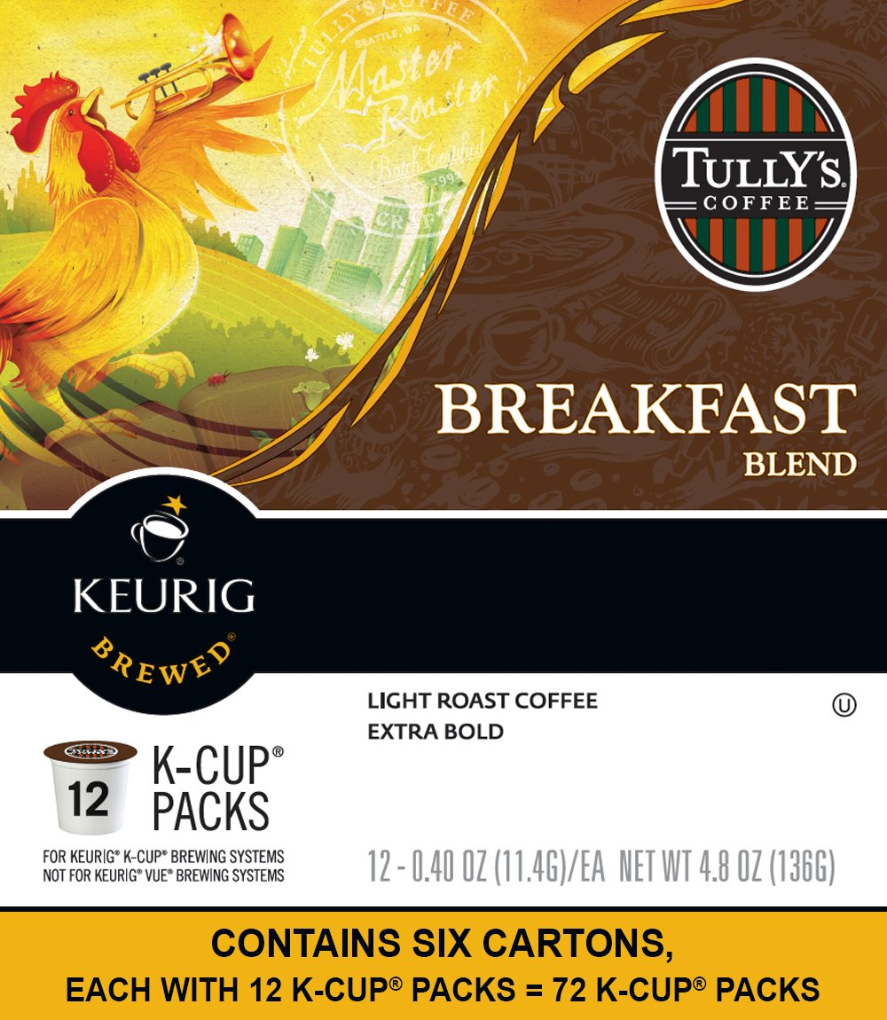 Tully's Coffee Breakfast Blend K-Cup Pods for Keurig - 72 Count, Medium Roast, Smooth & Balanced Flavor - Perfect for Morning Brews, Office Use & Home Coffee Stations