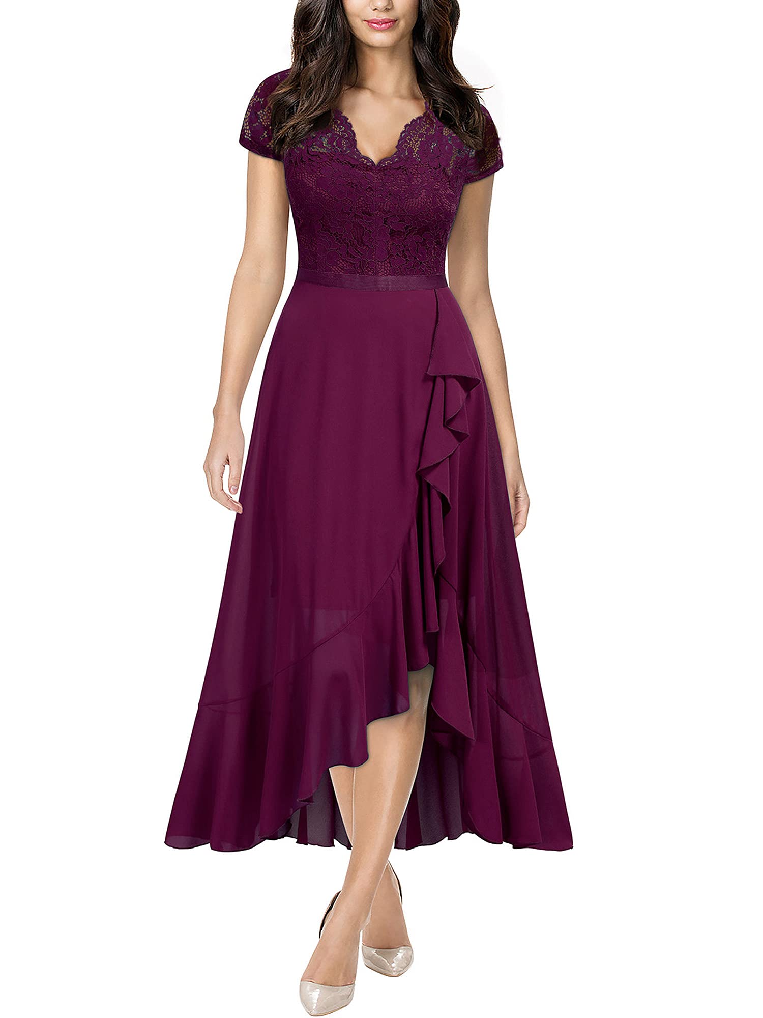 Elegant Miusol Women's V-Neck Lace Ruffle Maxi Dress for Bridesmaid, Wedding Party, and Special Occasions