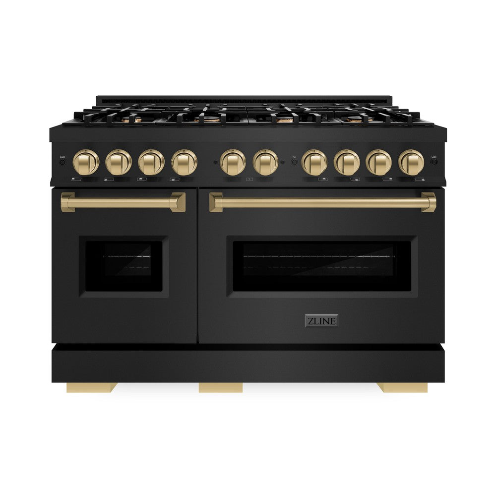 ZLINE Autograph Edition 48-Inch 6.7 cu. ft. Dual Fuel Range with 8-Burner Gas Cooktop & Double Oven - Black Stainless Steel with Champagne Bronze Accents (CDRBZ 48 CB) - Perfect for Gourmet Cooking & Entertaining in Modern Kitchens