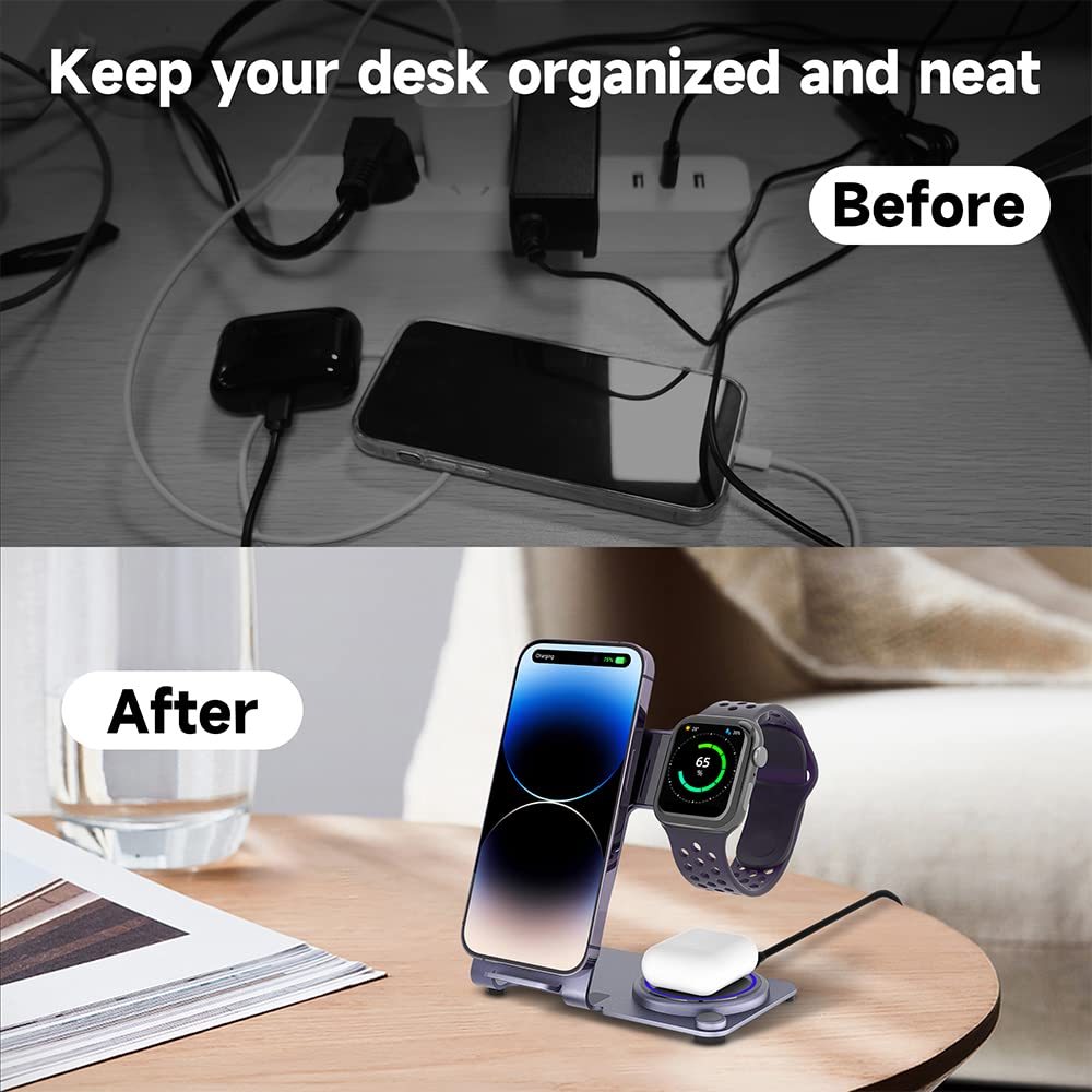 3-in-1 Aluminum Alloy Wireless Charging Station for iPhone 15/14/13/12/11 Pro Max, Apple Watch Series 8/7/6/SE/5/4, AirPods Pro/3/2 - Fast Qi Wireless Charger Pad for Bedside, Office & Travel