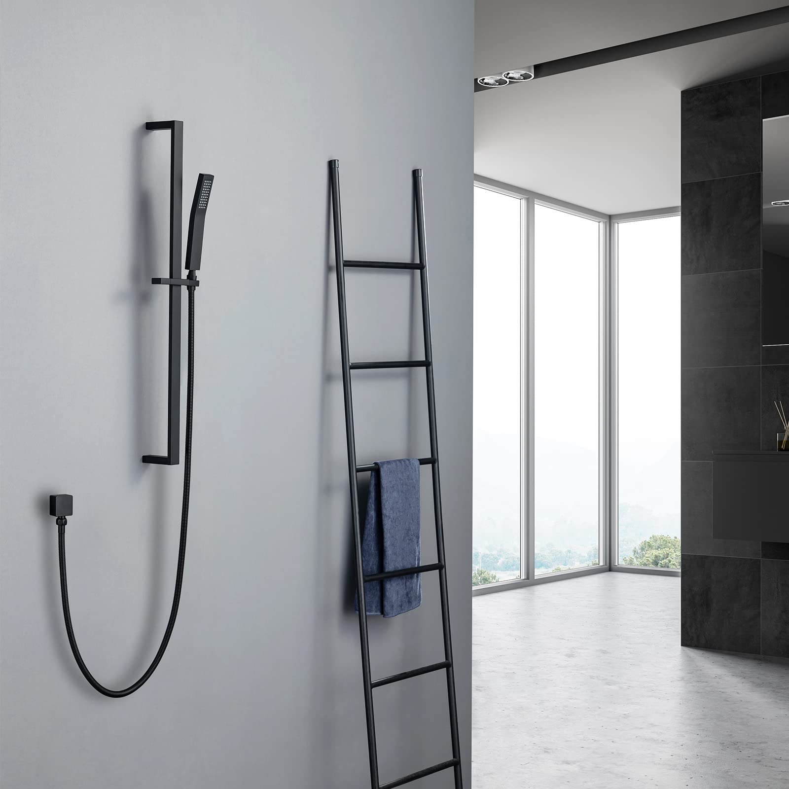 Premium Matte Black Brass Shower Slide Bar with Adjustable Height - Handheld Shower Wand Holder with Hose - Wall Mount Bathroom Accessory for Luxurious Spa Experience at Home