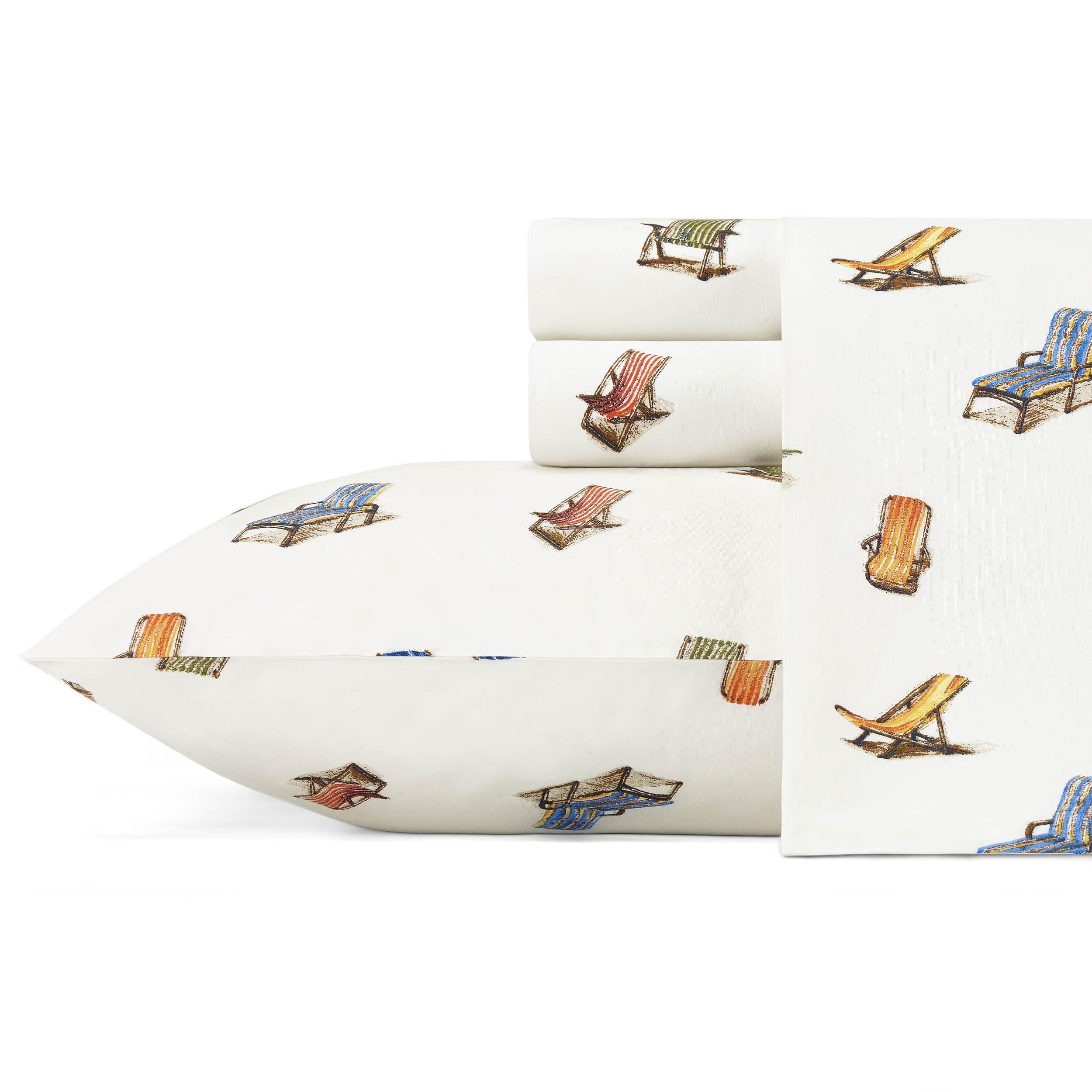 Tommy Bahama Queen Cotton Percale Bedsheet Set - Crisp & Cool Stylish Bedding with Beach Chairs Design - Perfect for Summer Nights & Coastal Themed Bedrooms