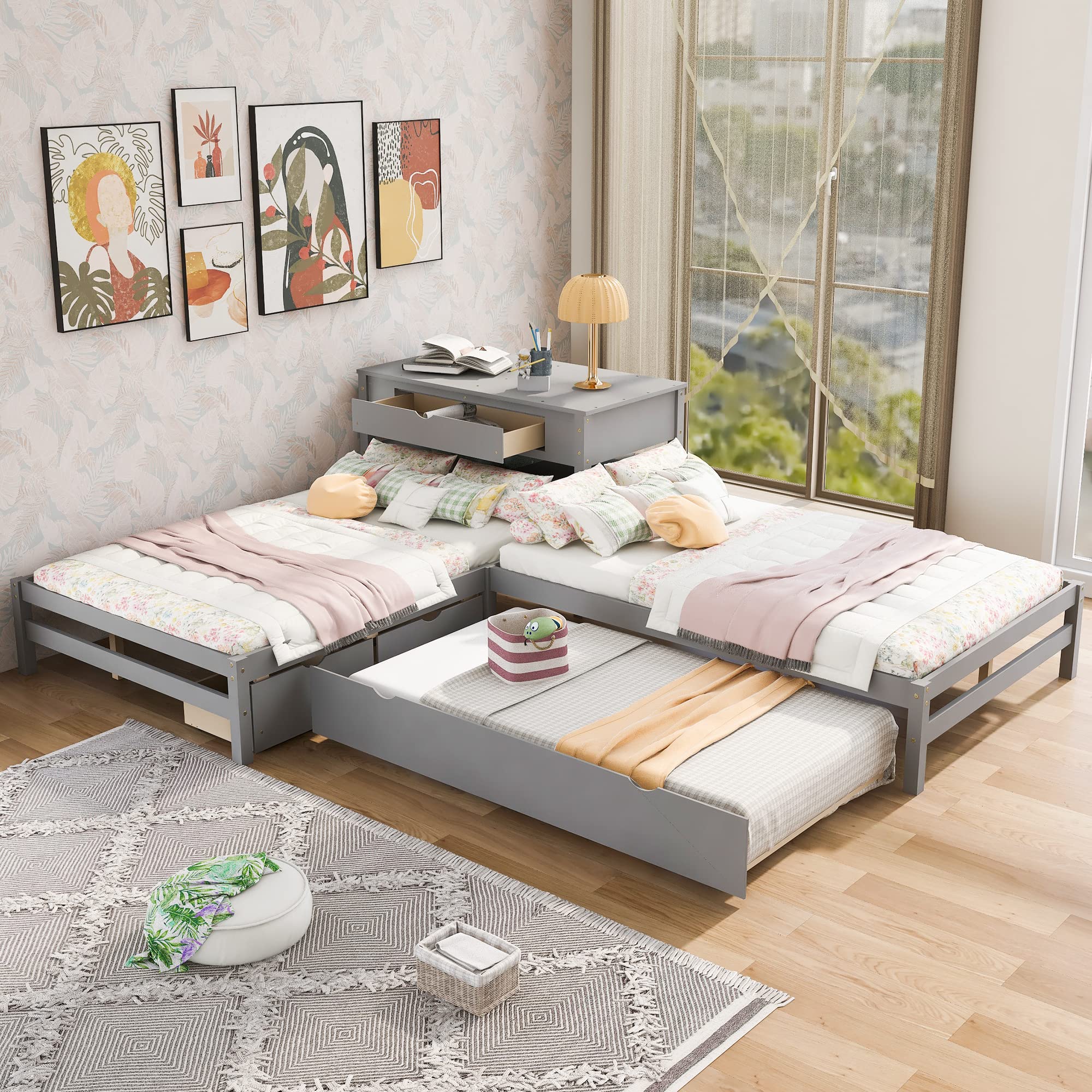 L-Shaped Full Size Platform Bed with Twin Trundle, Storage Drawers & Built-in Desk - Sturdy Wooden Bed Frame for Kids, Teens & Adults in Gray - Perfect for Small Bedrooms, Guest Rooms & Dormitories