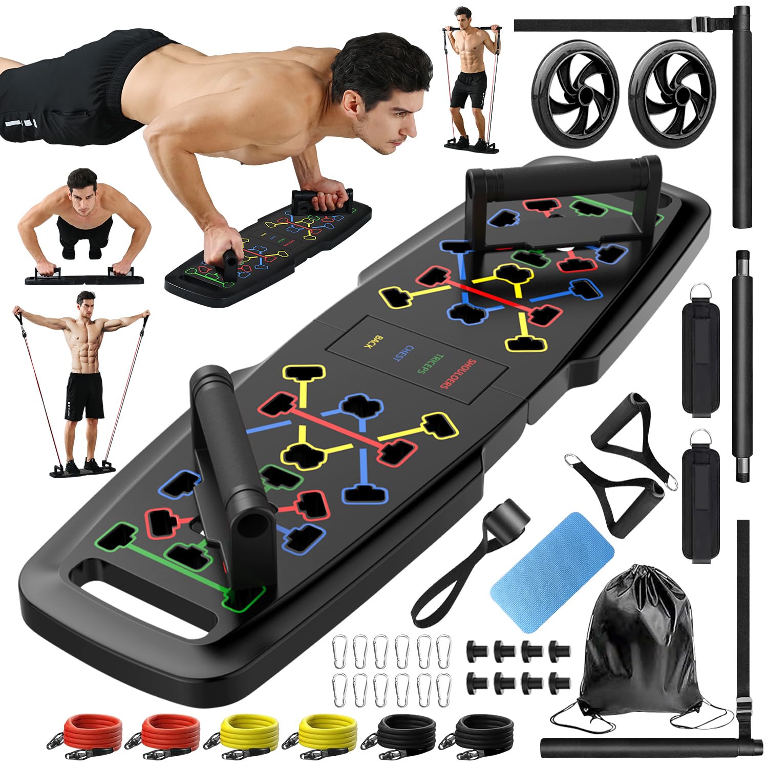 Push Up Board for Home Gym - Portable Exercise Equipment with Pilates Bar, Resistance Bands & Ab Roller Wheel - 20 Fitness Accessories for Full Body Workout - Perfect for Home Workouts, Strength Training & Pilates Exercises
