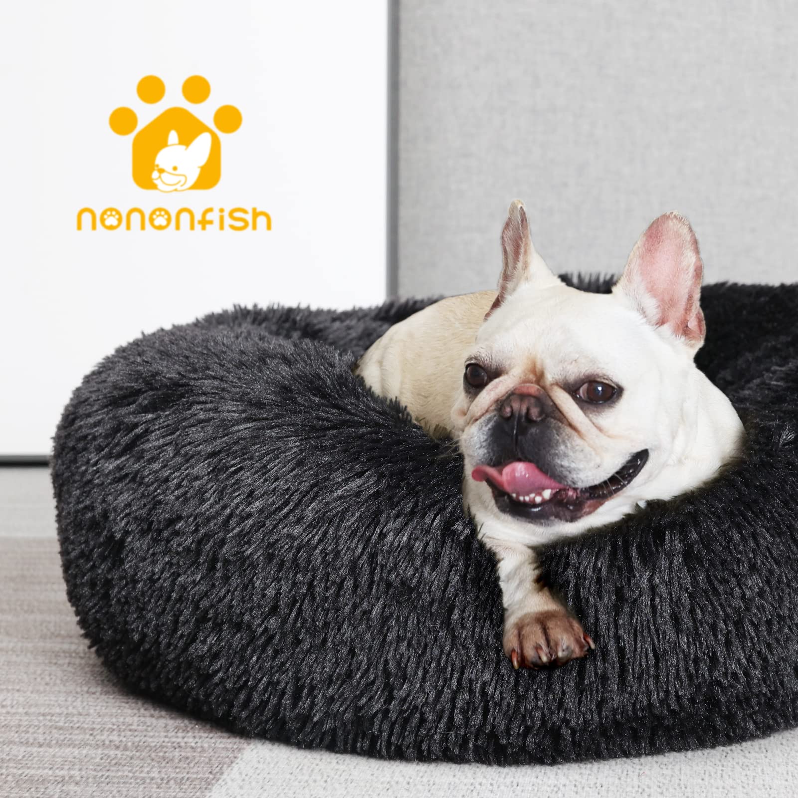 Washable Black Fluffy Plush Dog Bed for Small Dogs - 23 Inch Round Donut Calming Pet Bed | Machine Washable | Perfect for Puppies, Kennels & Home Use