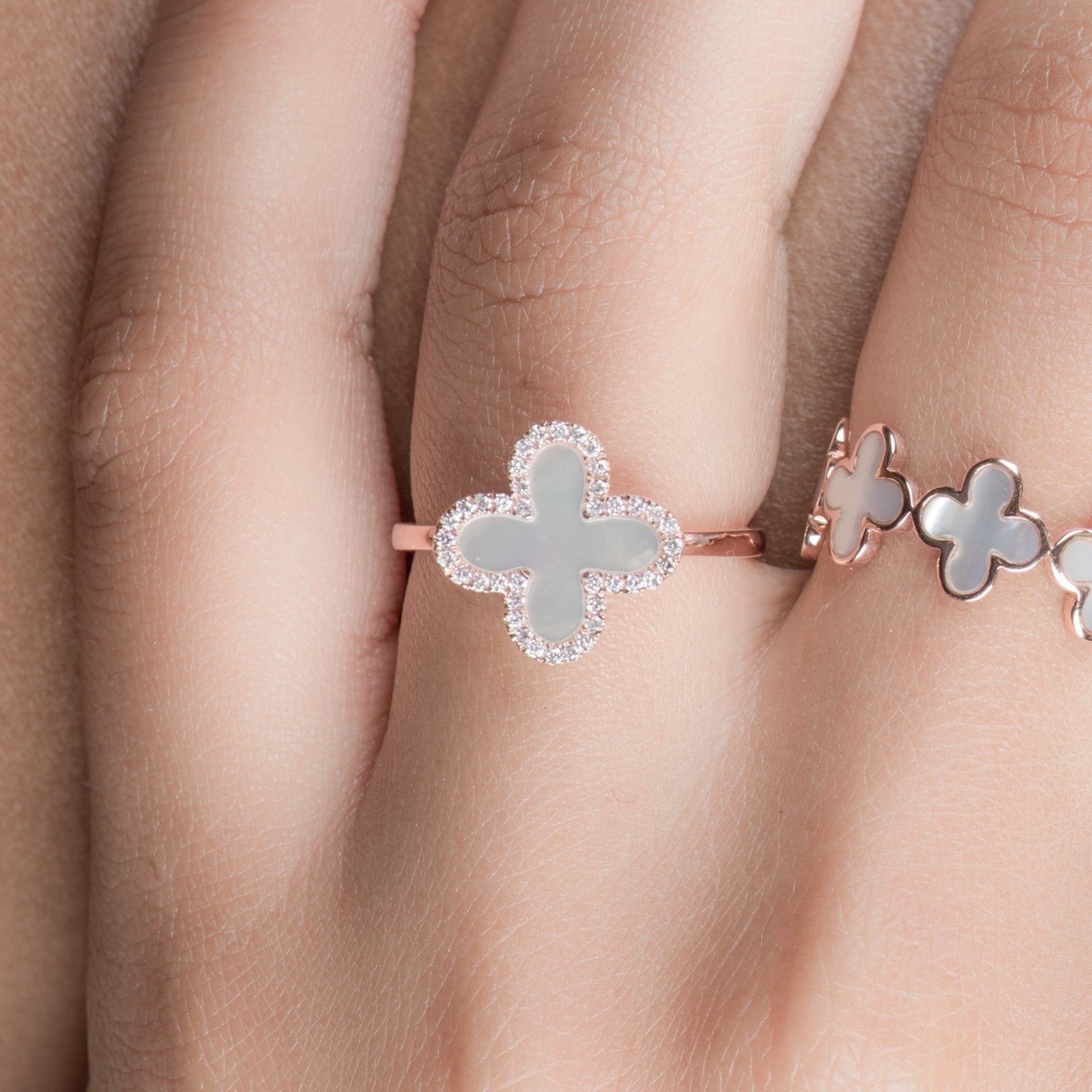 14k Rose Gold Mother of Pearl Clover Ring with Diamond Halo - Elegant Jewelry for Women, Perfect for Weddings, Anniversaries & Special Occasions