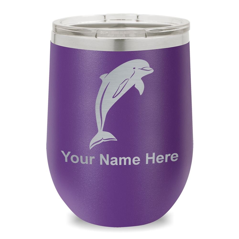 Personalized Dolphin Wine Glass Tumbler with Engraving - Dark Purple Stemless Cup for Wine Lovers, Perfect for Gifts, Parties & Home Decor