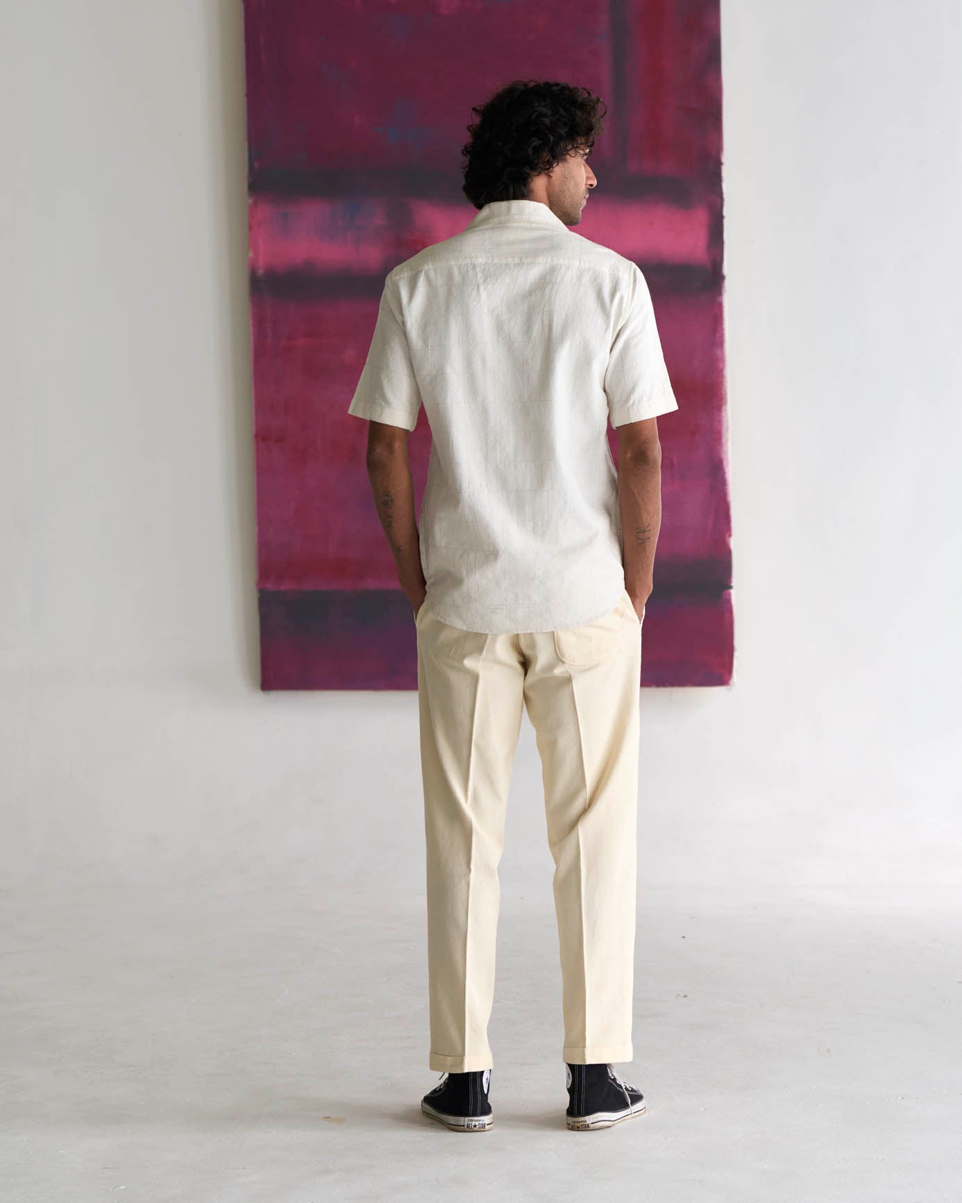 Men's Cotton Linen Bush Shirt - Classic White Checkered Button Down for Outdoor Adventure & Casual Wear