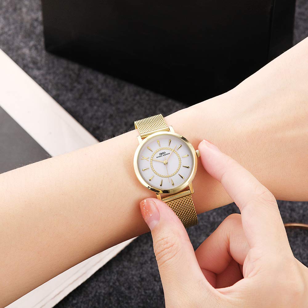 IBSO Women's Stainless Steel Mesh Band Watch - Gold Quartz Wristwatch with Waterproof Design for Everyday Wear & Fashion Accessories | Perfect for Office, Dating & Special Occasions