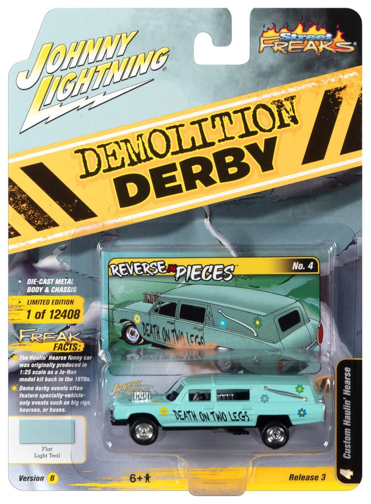 Johnny Lightning 1:64 Die-Cast Street Freaks Version B Custom Haulin Hearse in Light Teal - Collectible Model Car for Display, Racing Games & Die-Cast Enthusiasts
