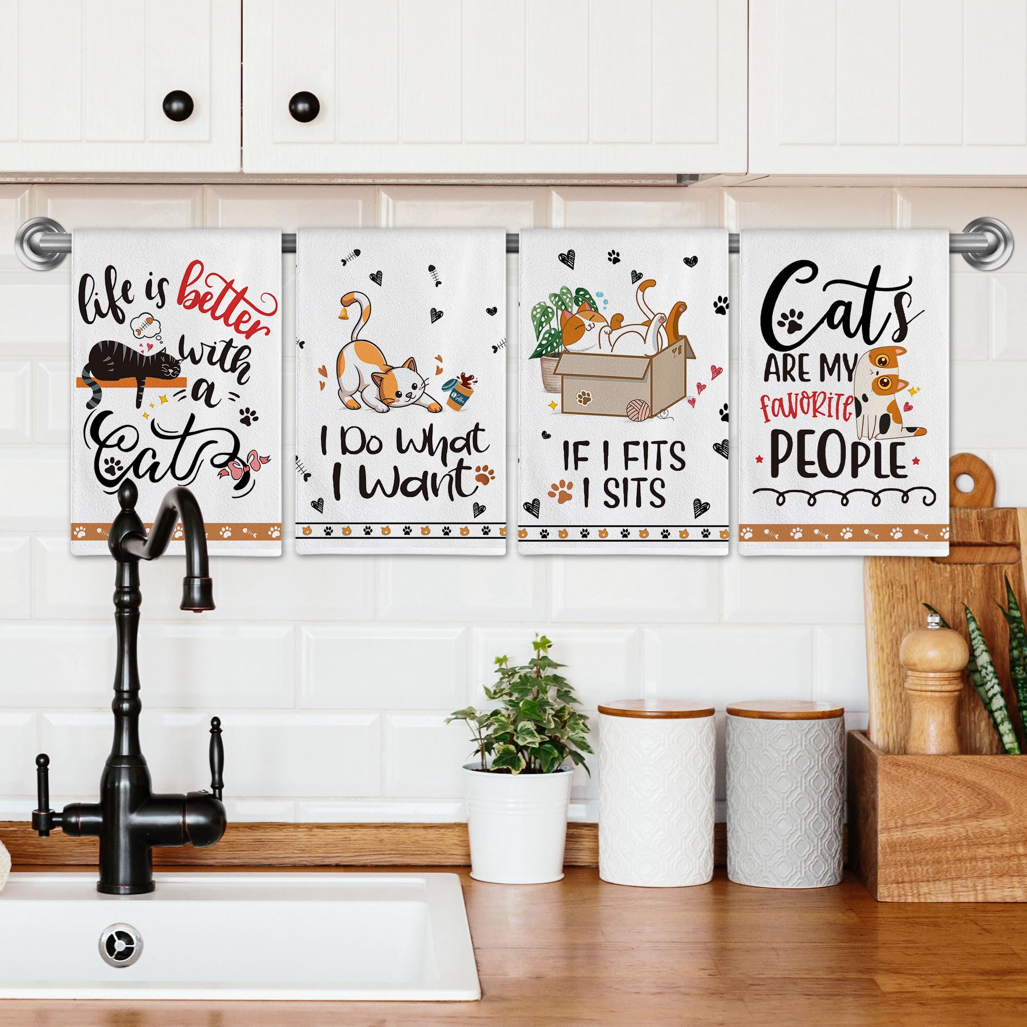 Hexagram Cat Lover Gifts for Women - Set of 4 Funny Cat Kitchen Towels, Cute Cat Tea Towels & Hand Towels - Perfect Cat Mom Gifts, Housewarming Presents & Kitchen Decor - Ideal for Daily Use, Dish Drying & Home Decoration