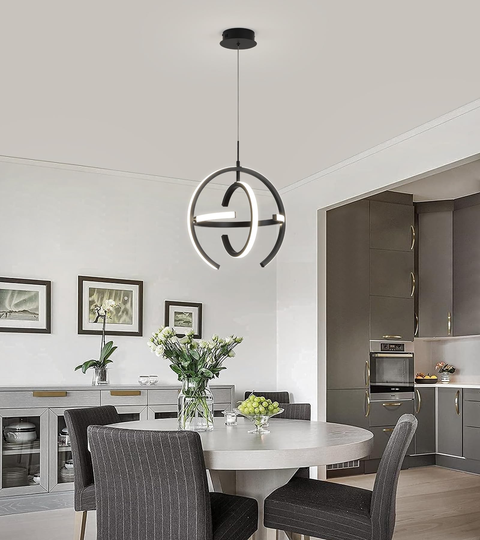 Q&S Modern LED Chandelier - Black Round Globe Hanging Pendant Light Fixture for Entryway, Kitchen Island, Dining Room, Living Room & Stairway - Perfect for Home Decor, Restaurant Lighting & Commercial Spaces